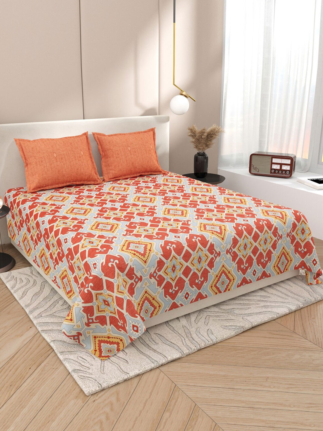 

DREAM WEAVERZ Orange Grey Glazed Cotton 220 TC Super King Bedsheet With 2 Pillow Covers