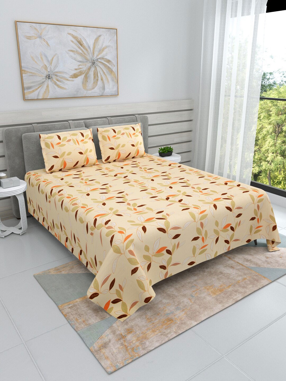 

DREAM WEAVERZ Cream & Brown Floral Cotton 220 TC King Bedsheet With 2 Pillow Covers