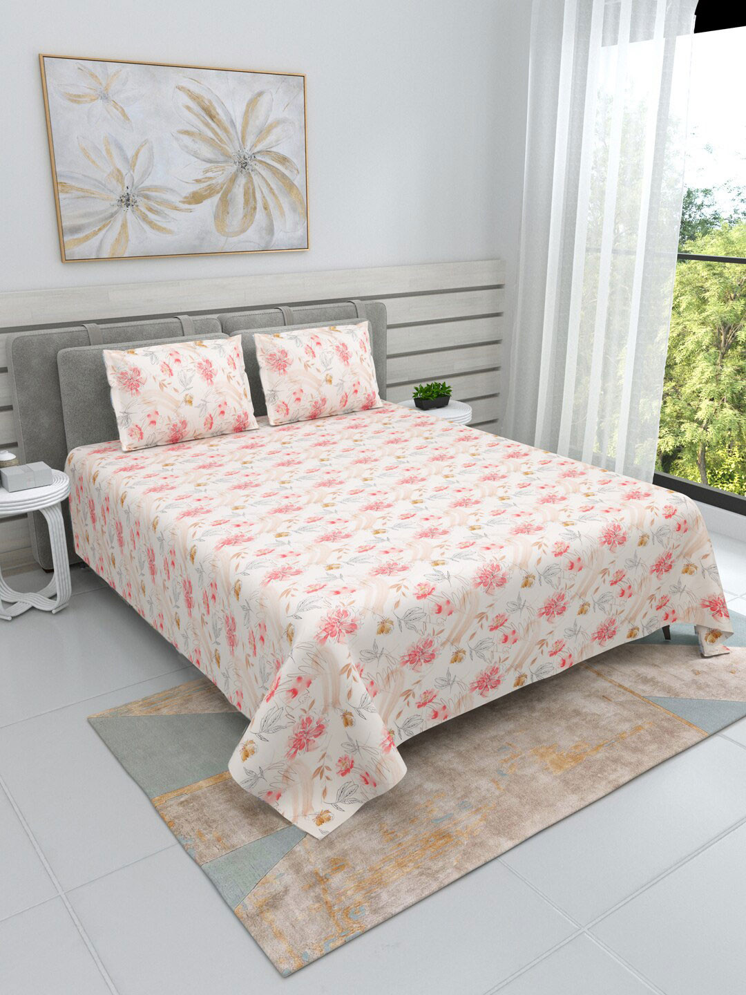 

DREAM WEAVERZ Pink & White Floral Cotton 220 TC King Bedsheet With 2 Pillow Covers