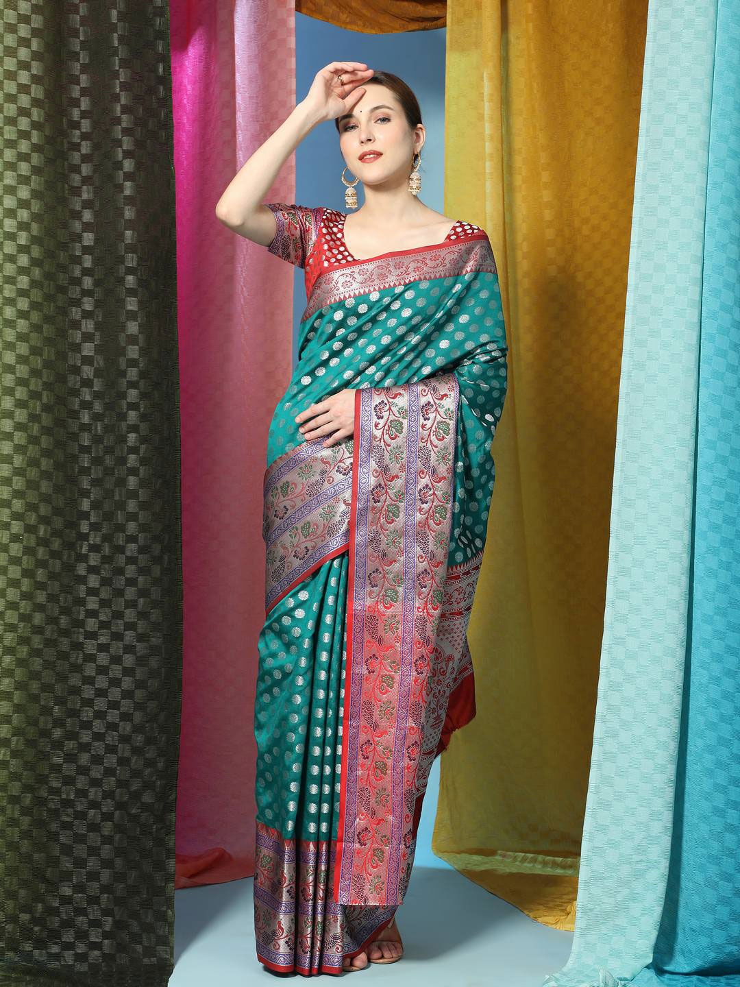 

ZILVIRA Ethnic Woven Design Zari Organza Saree, Green