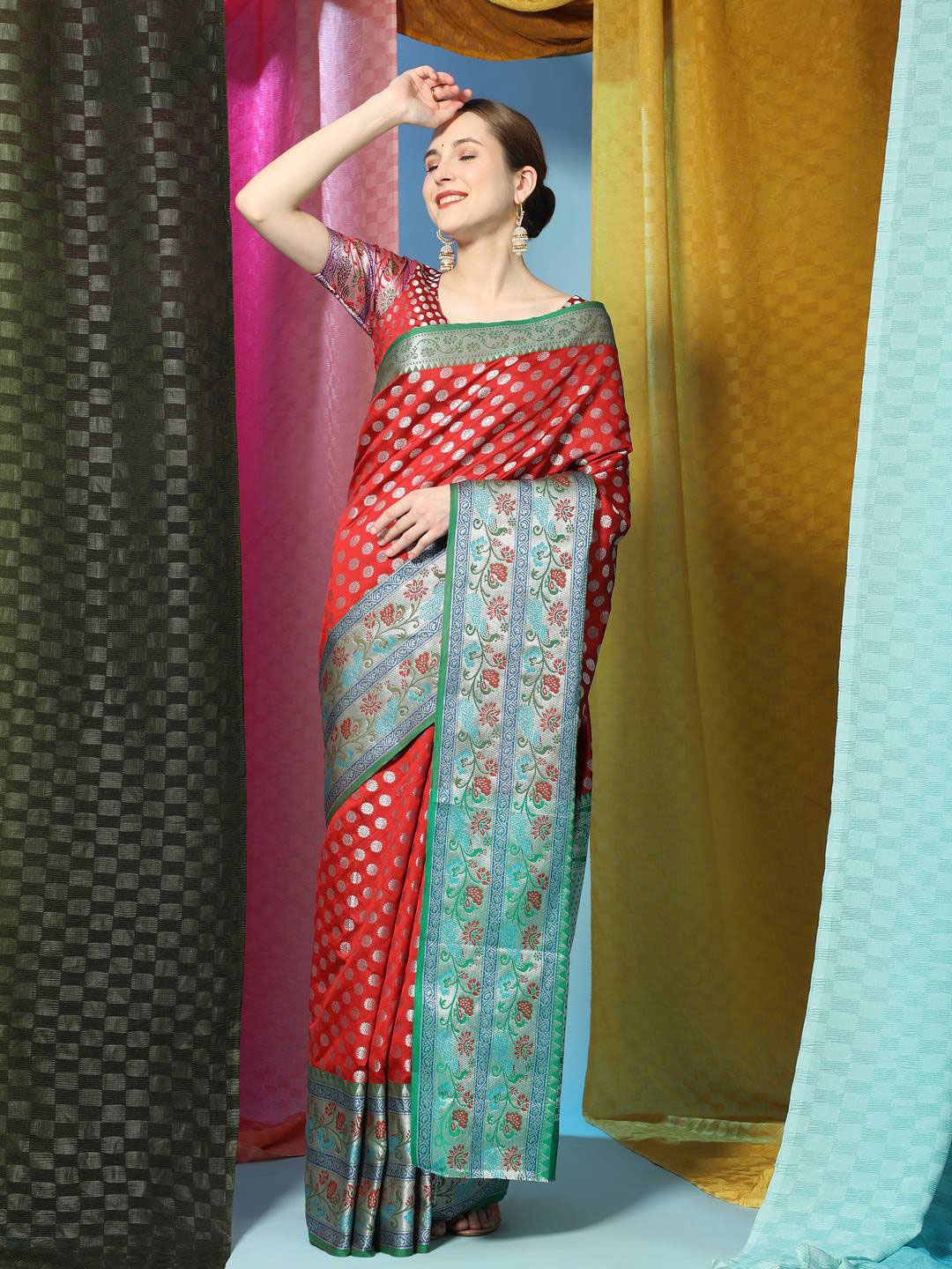 

ZILVIRA Ethnic Woven Design Zari Organza Saree, Red