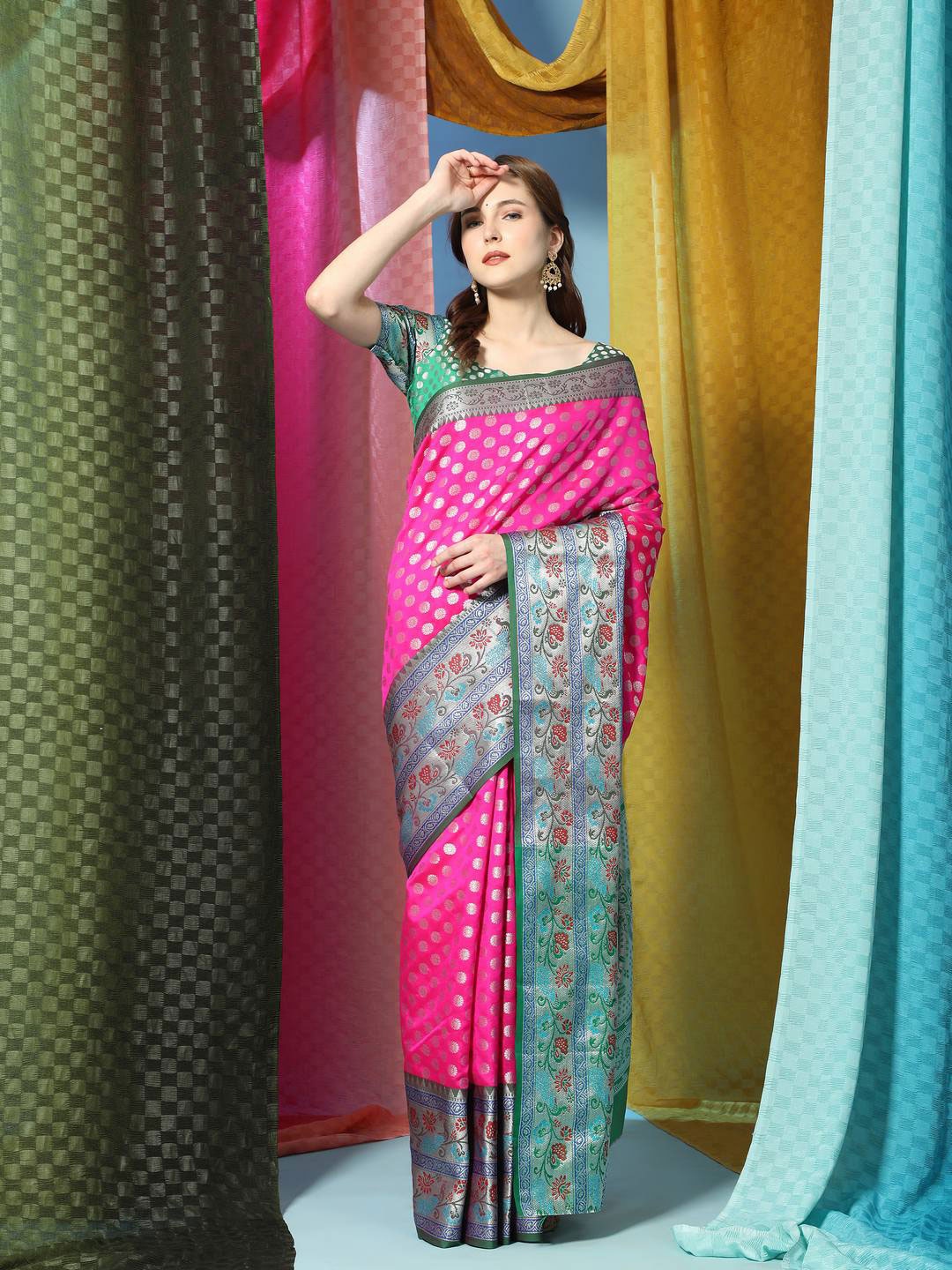 

ZILVIRA Ethnic Woven Design Zari Organza Saree, Pink