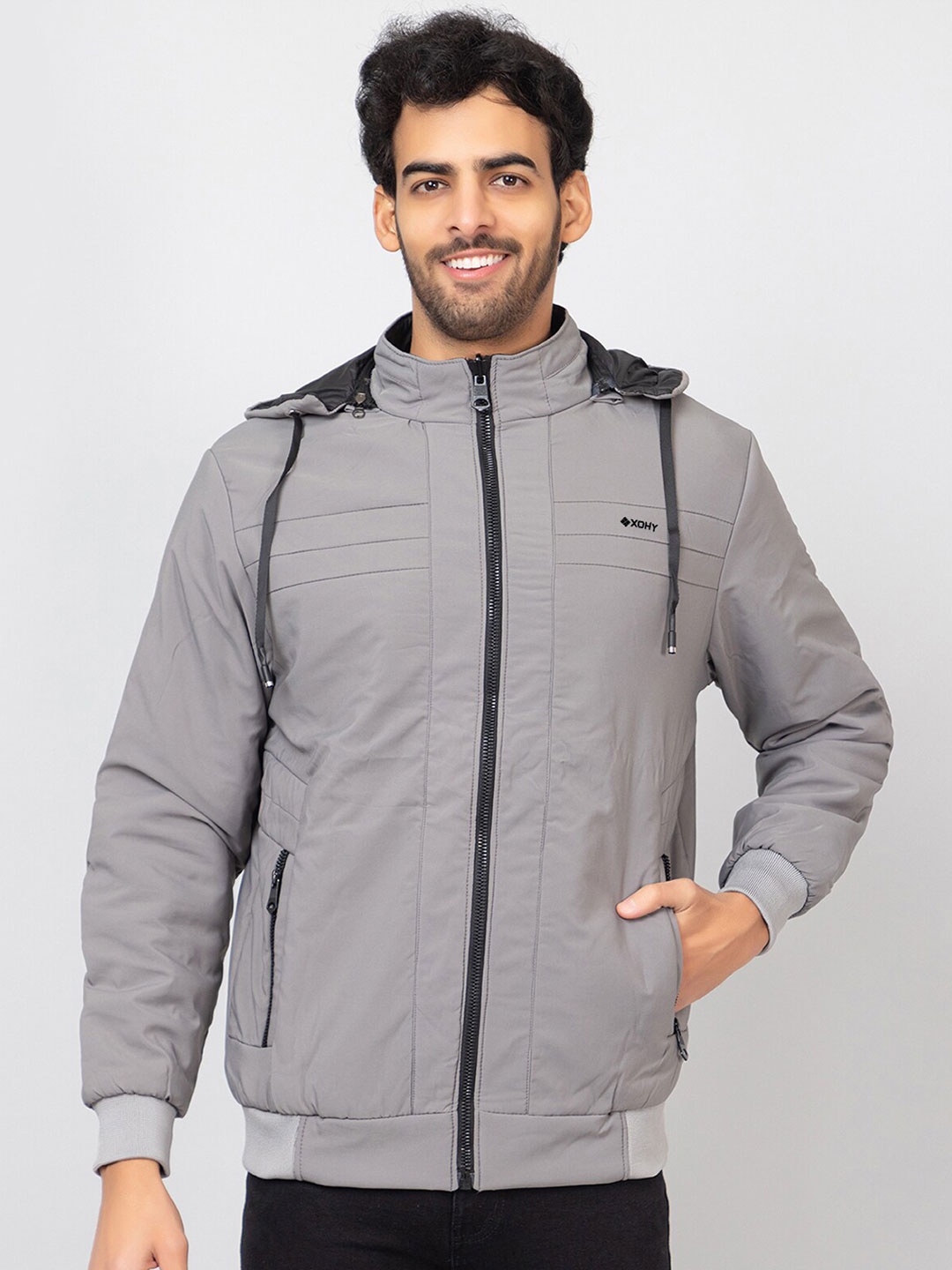 

Xohy Hooded Lightweight Cotton Bomber Jacket, Grey
