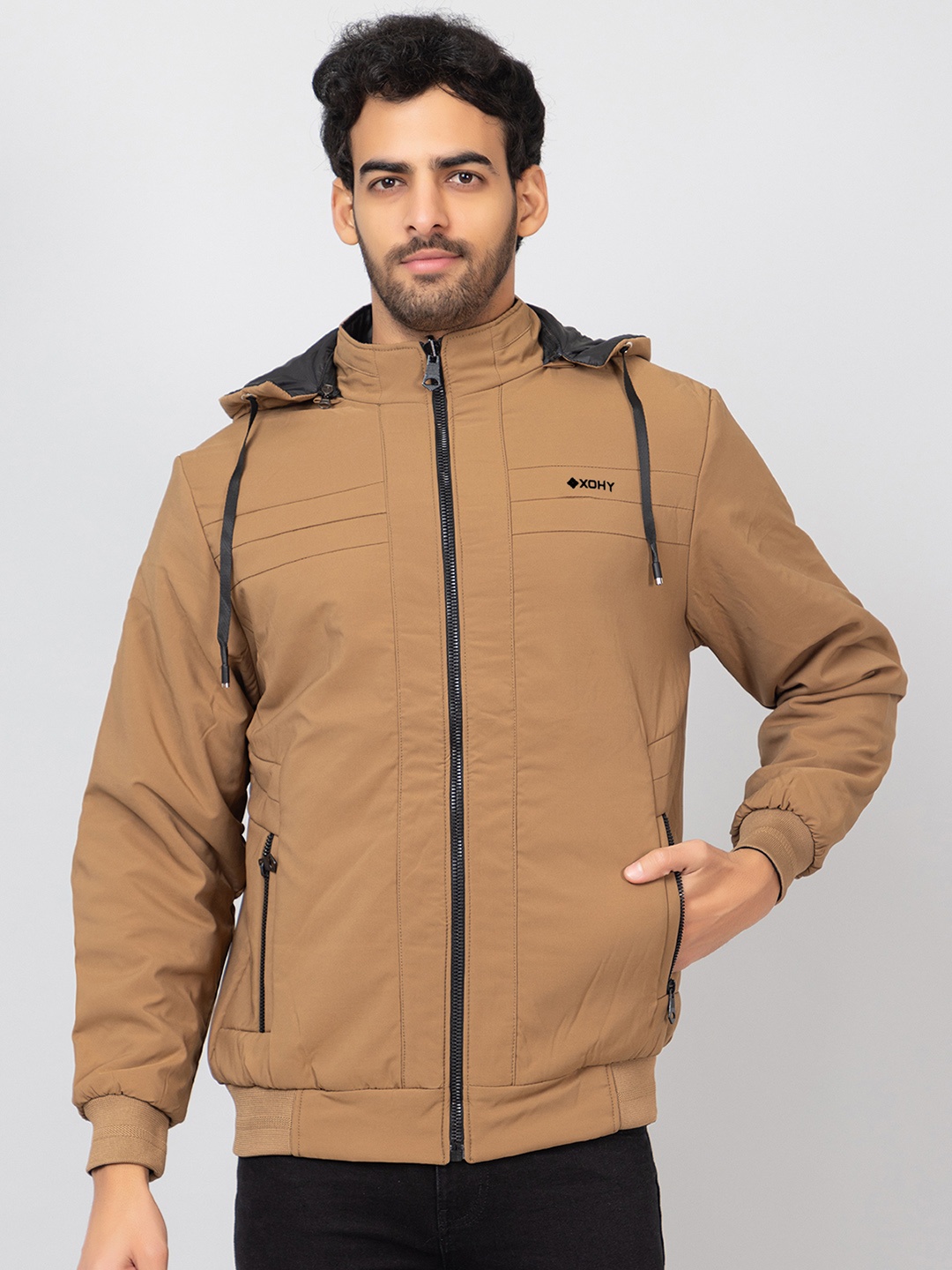 

Xohy Hooded Lightweight Cotton Bomber Jacket, Beige