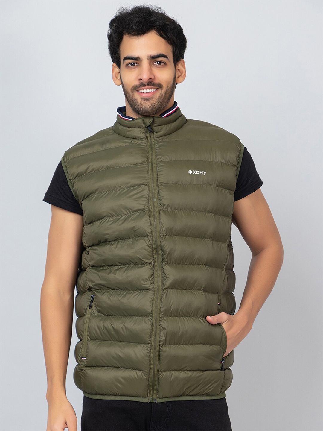 

Xohy Mock Collar Lightweight Cotton Puffer Jacket, Olive