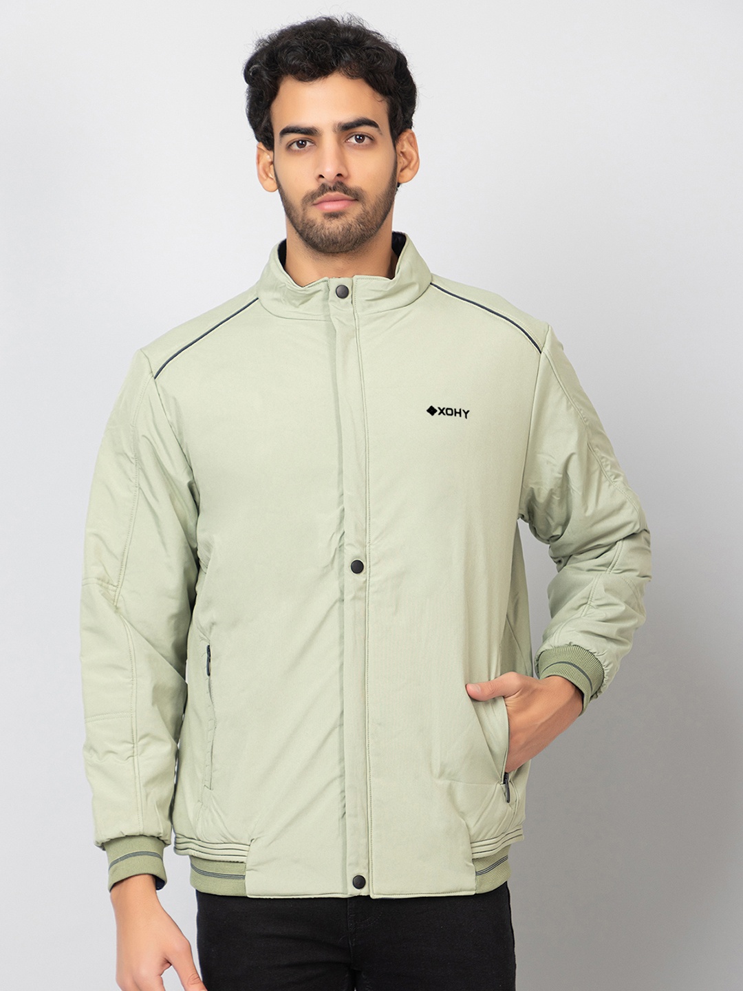 

Xohy Lightweight Stand Collar Bomber Jacket, Green
