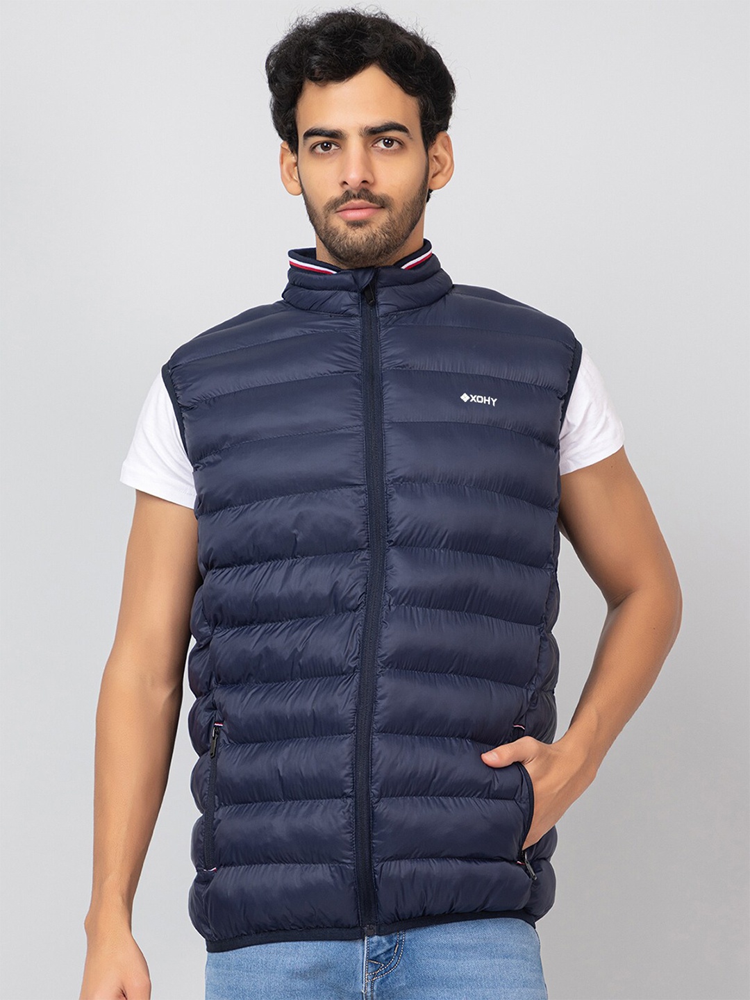 

Xohy Lightweight Mock Collar Cotton Puffer Jacket, Navy blue