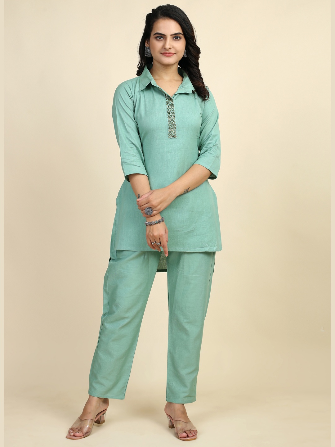 

STYLE SAMSARA Embroidered Pure Cotton Shirt With Trousers Co-Ords, Green