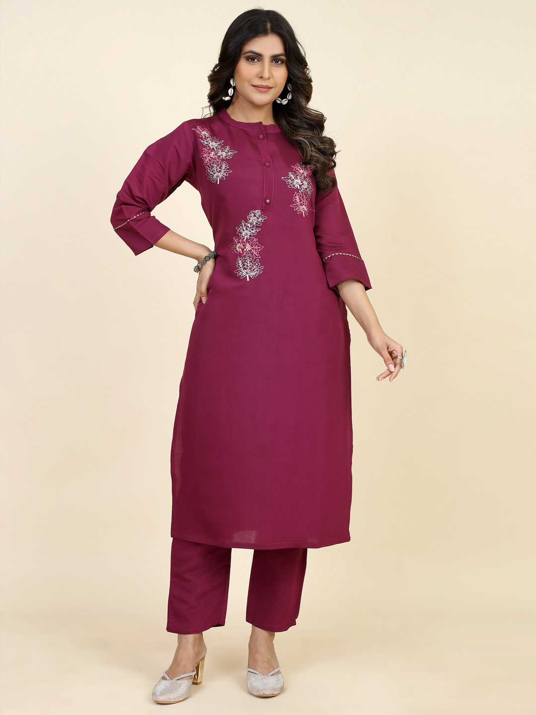 

STYLE SAMSARA Embroidered Kurta With Trouser Set, Purple