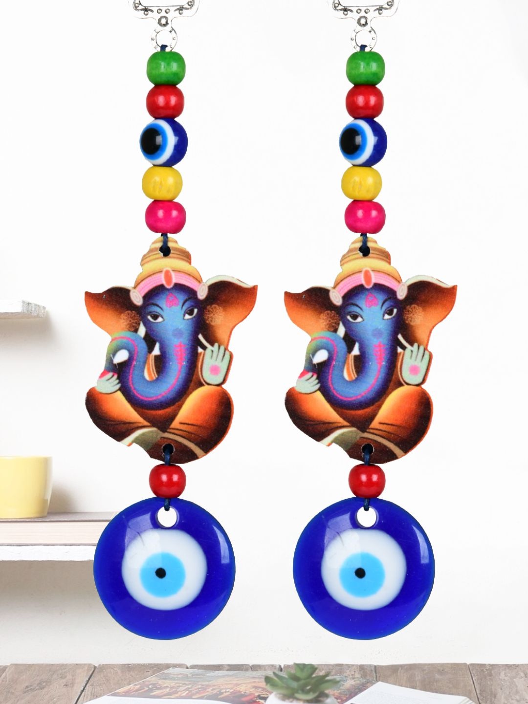 

DREAM WEAVERZ Multicolor 2 Pcs Ganesha Face Windchimes/Hangings, Blue