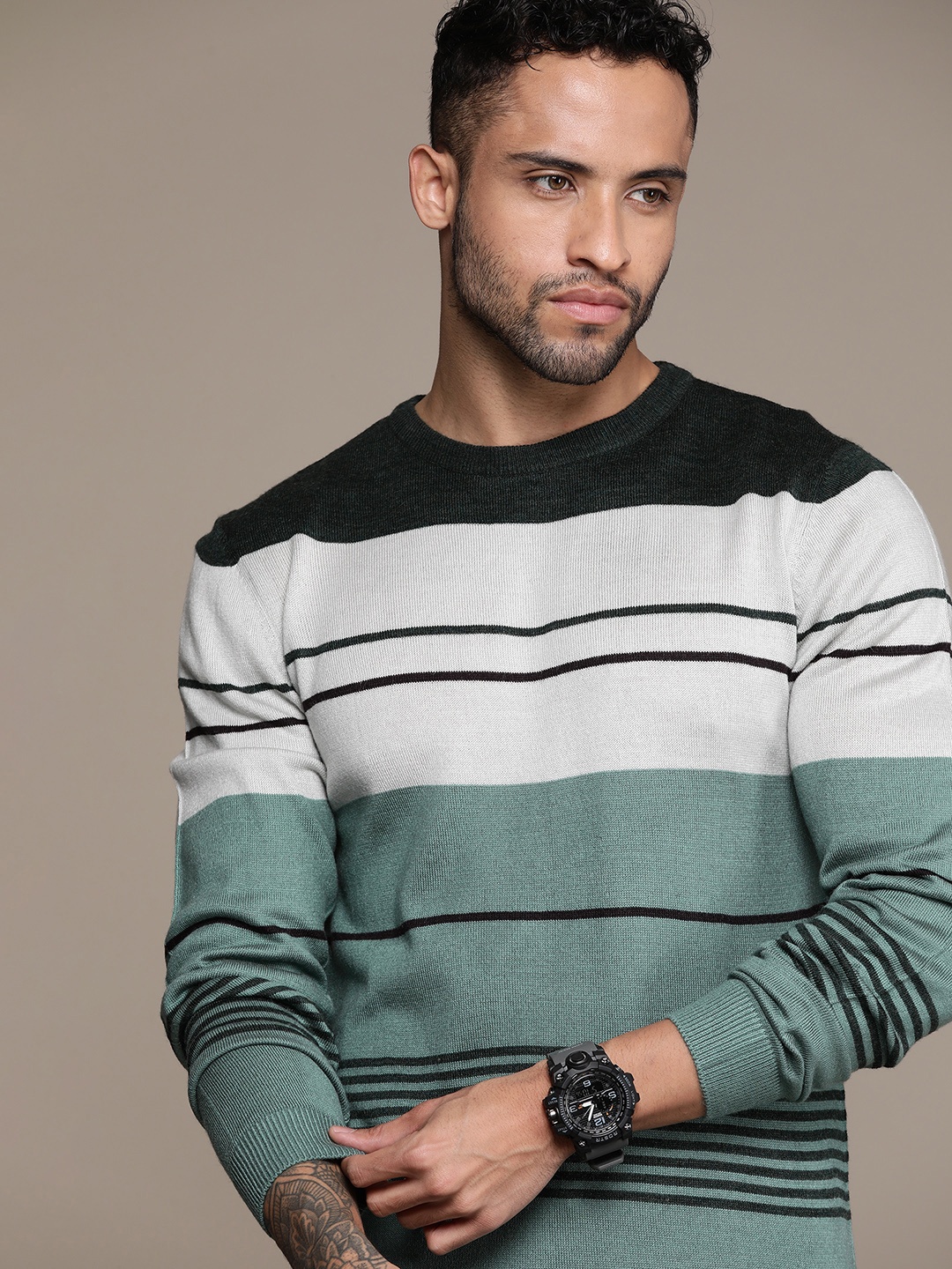 

Roadster Men Striped Pullover Sweater, Sea green