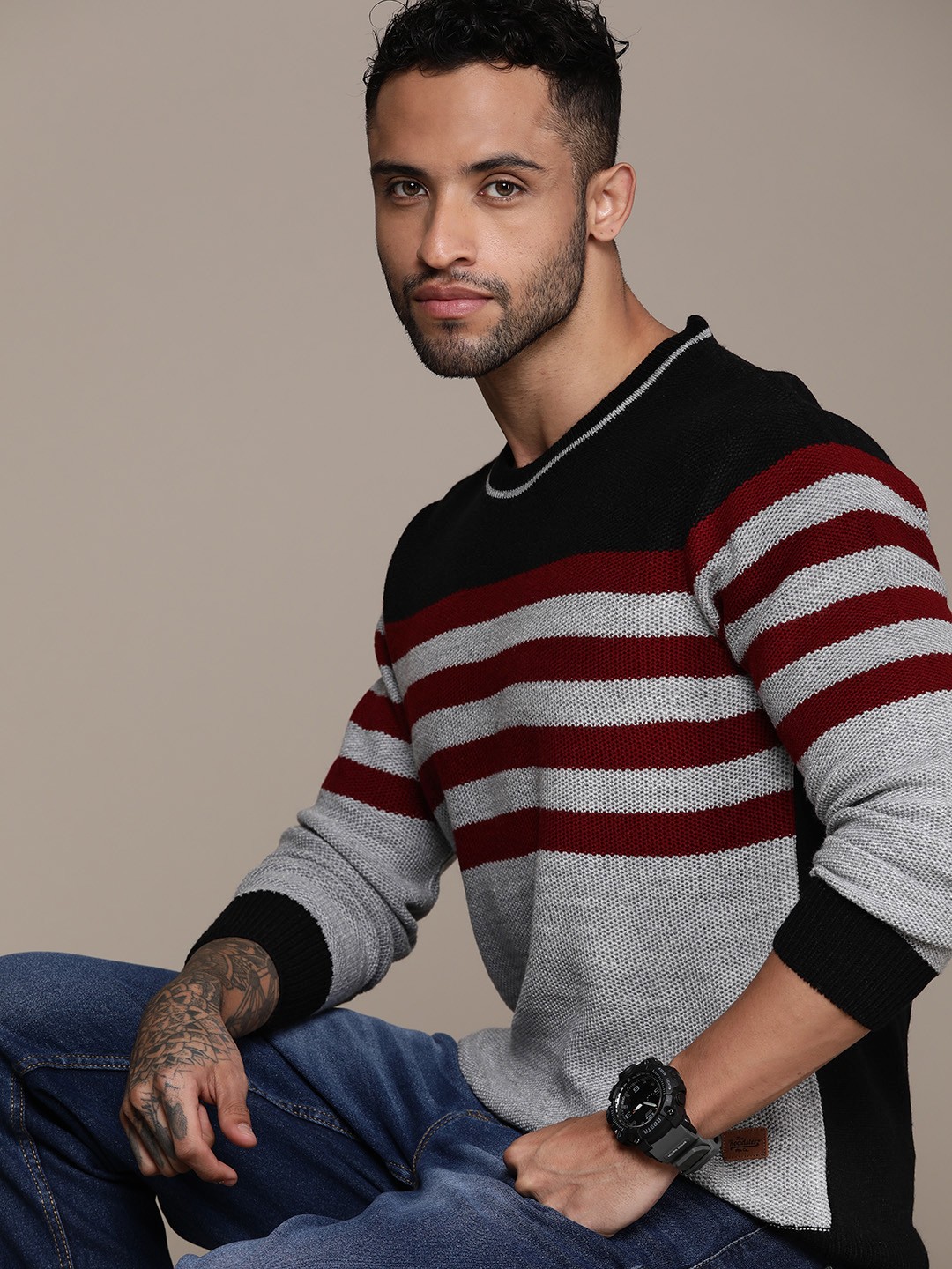 

Roadster Men Striped Pullover Sweater, Grey melange