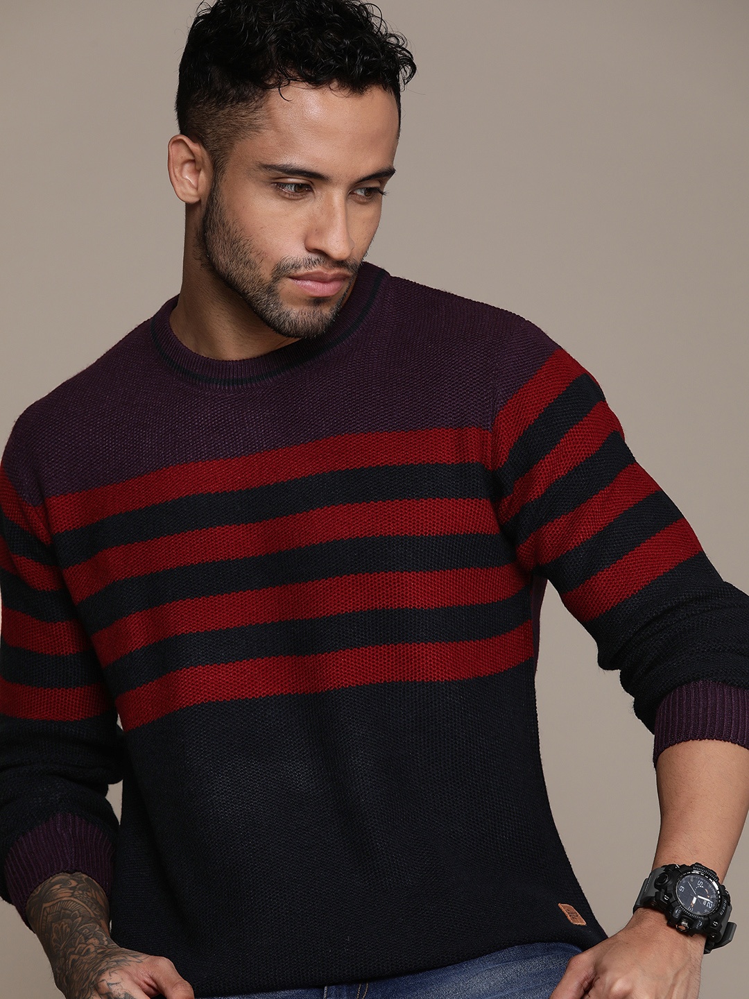 

Roadster Men Striped Pullover Sweater, Navy blue