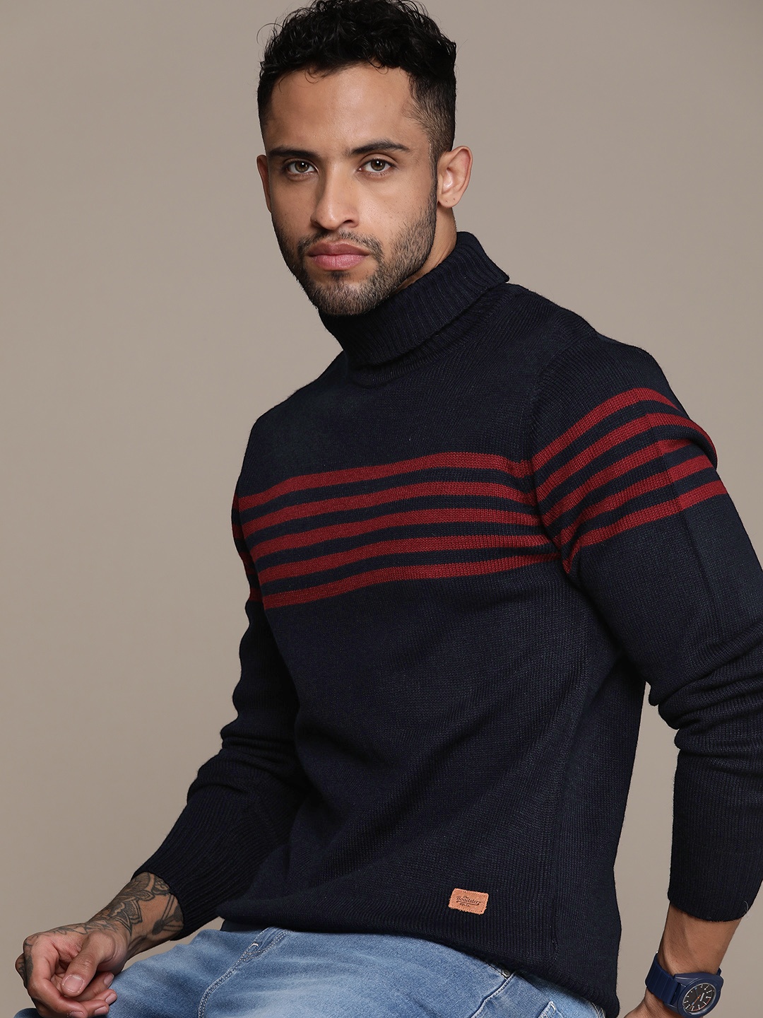 

Roadster Men Striped Pullover Sweater, Navy blue