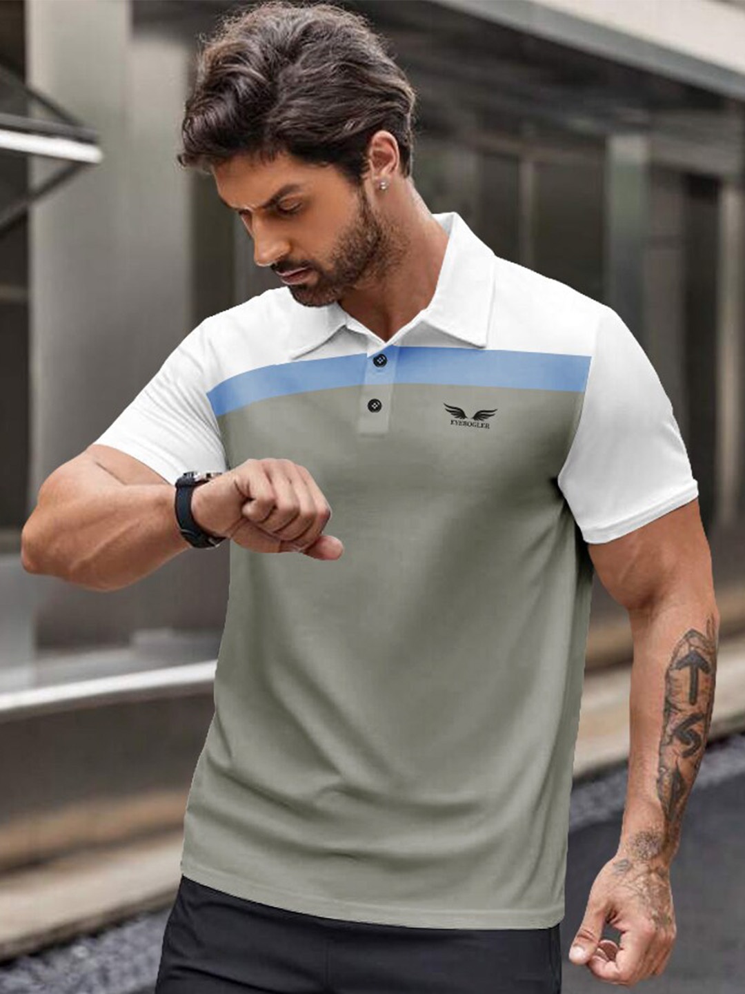 

Eyebogler Colourblocked Polo Collar Cotton T-shirt, Grey