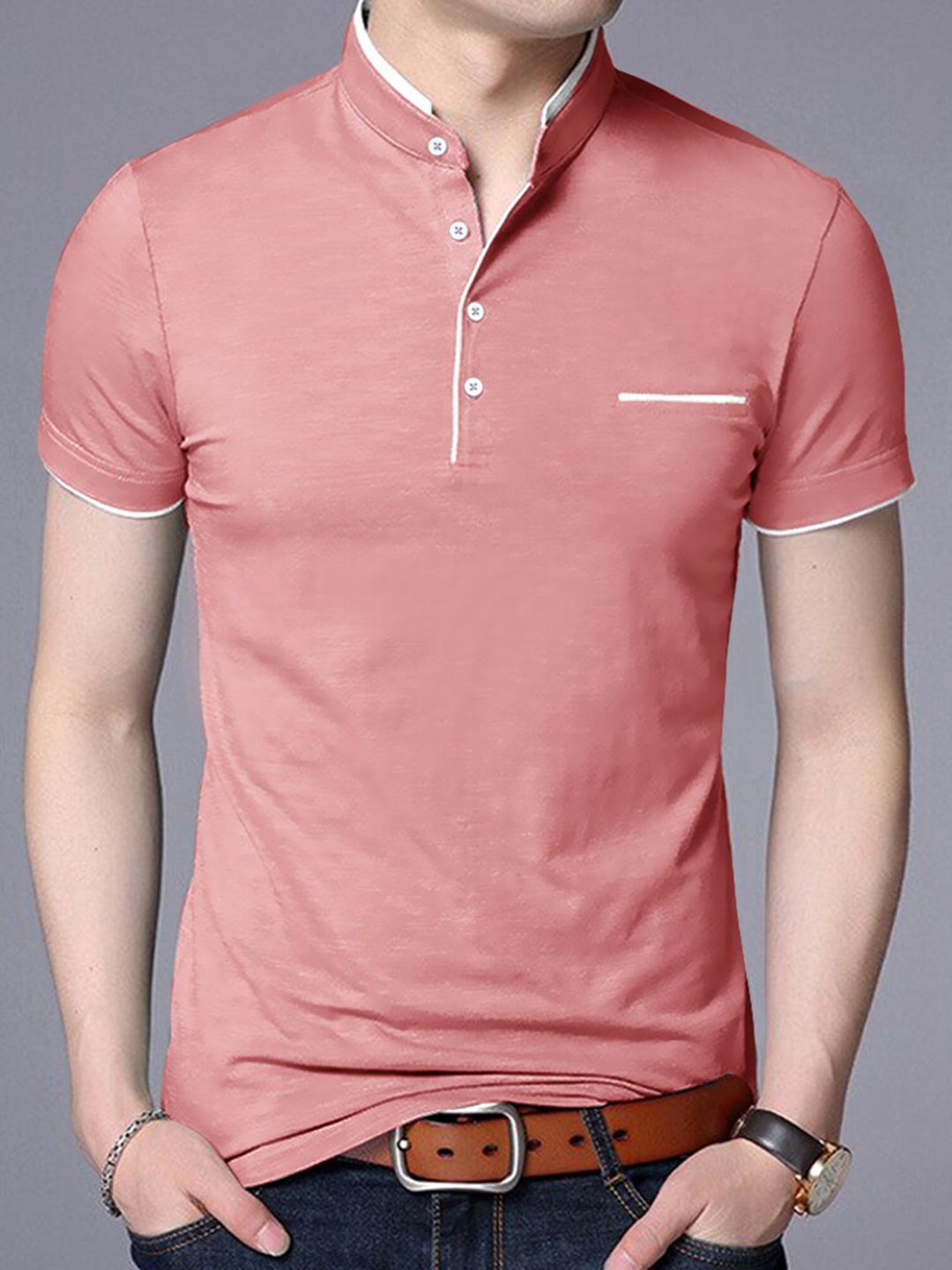 

Eyebogler Henley Neck Cotton Casual T-shirt, Pink