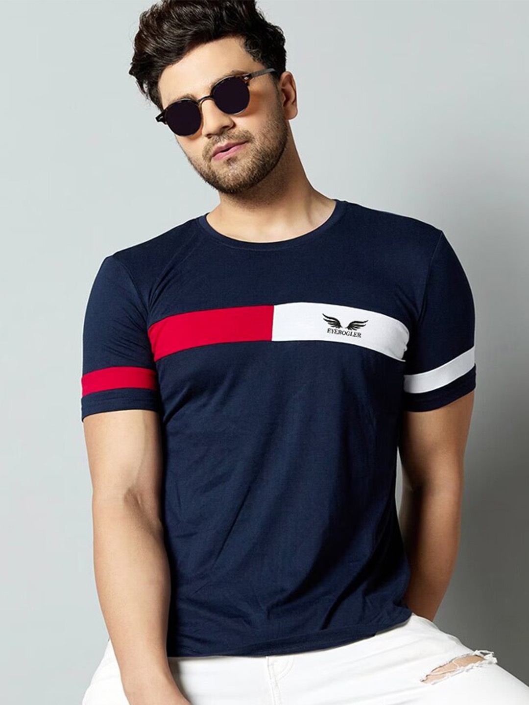 

Eyebogler Round Neck Cotton Casual T-shirt, Navy blue