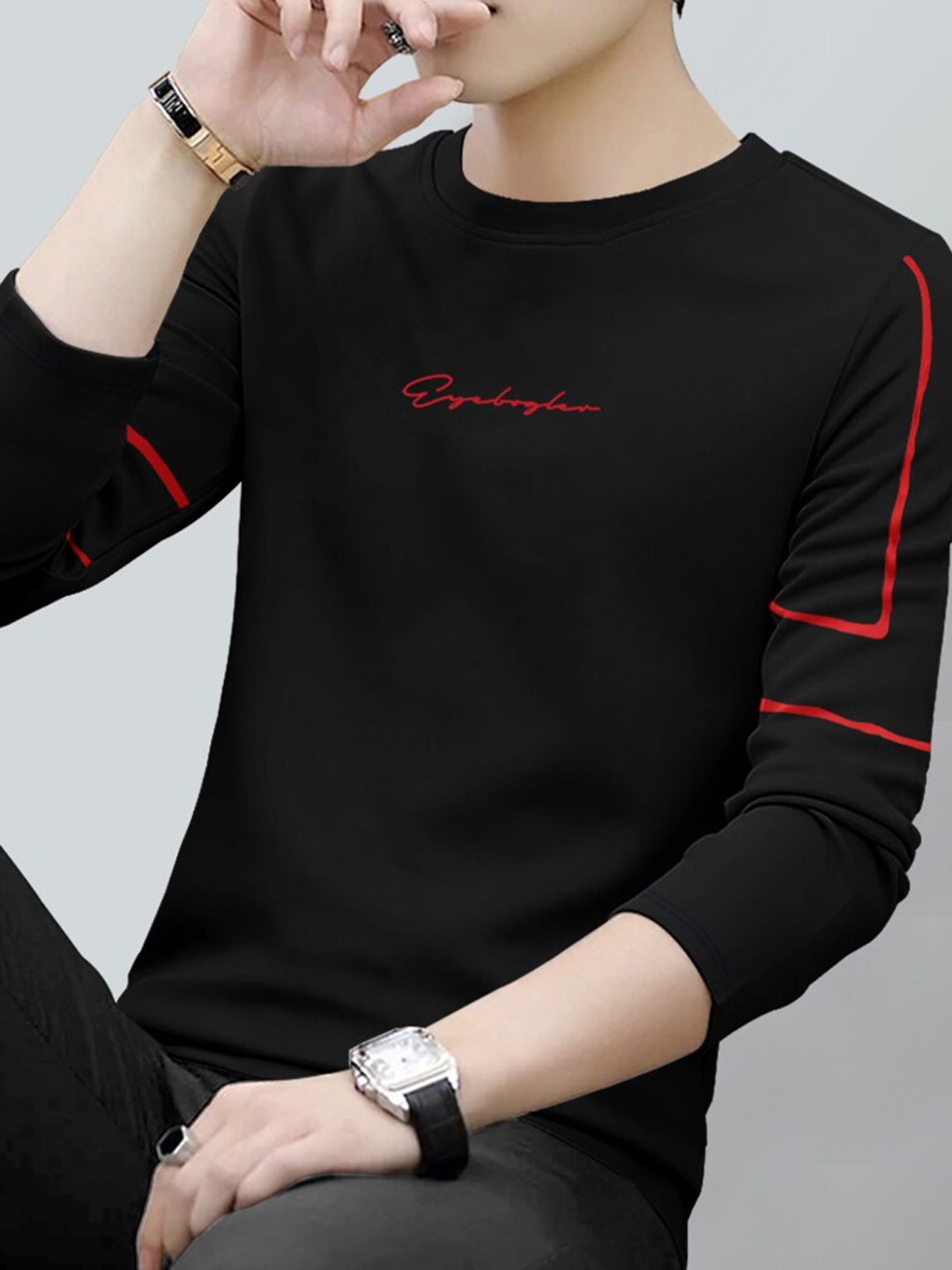 

Eyebogler Typography Round Neck Long Sleeves Pockets Casual T-shirt, Black