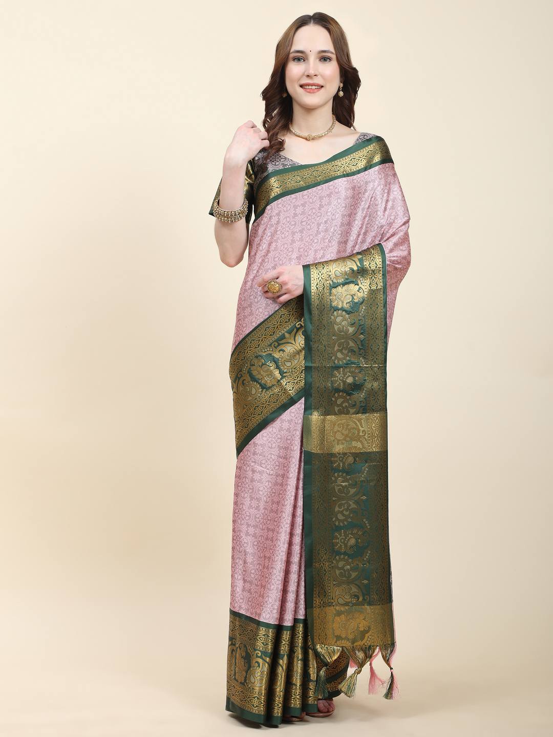 

ZILVIRA Ethnic Woven Design Zari Silk Cotton Saree, Green