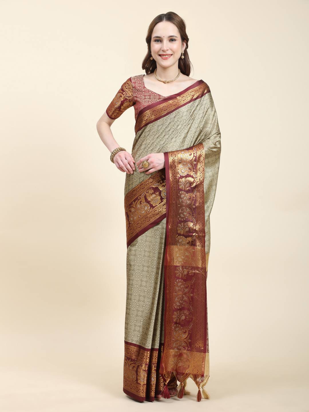 

ZILVIRA Ethnic Motifs Woven Design Zari Silk Cotton Saree, Beige