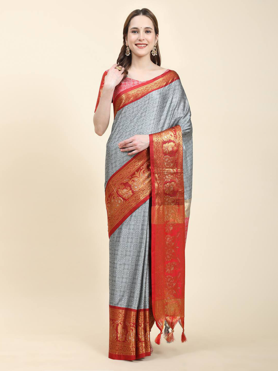 

ZILVIRA Ethnic Woven Design Zari Silk Cotton Saree, Grey