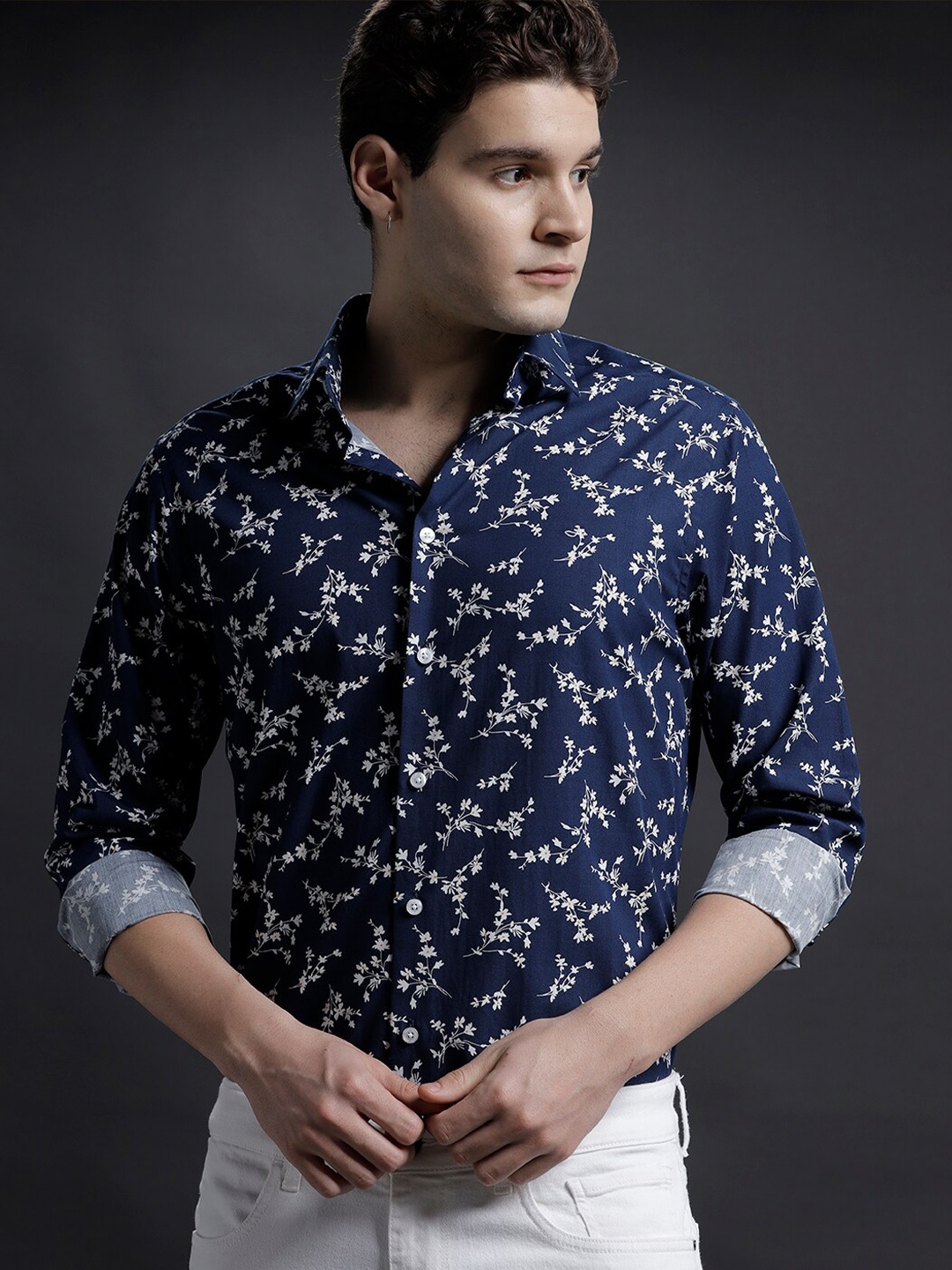

Aldeno Comfort Floral Printed Cotton Spread Collar Opaque Casual Shirt, Navy blue