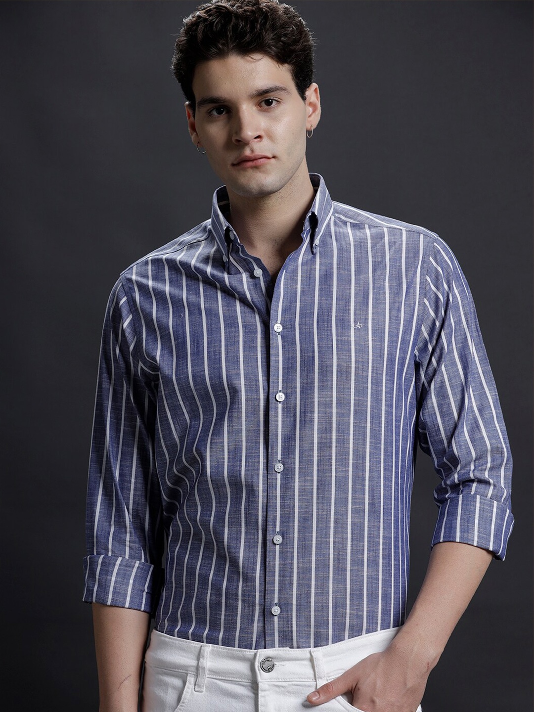 

Aldeno Striped Spread Collar Opaque Cotton Casual Shirt, Blue