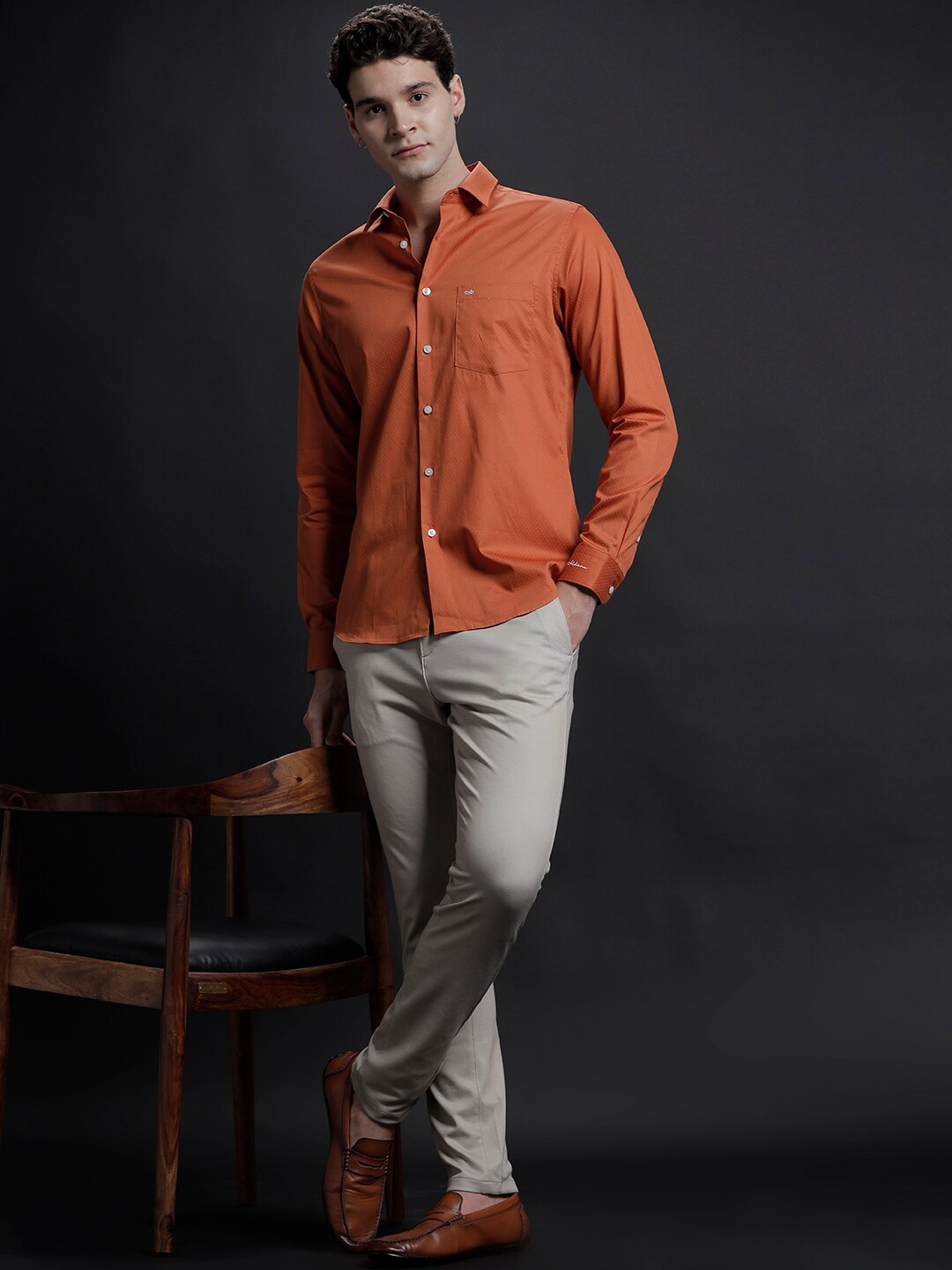 

Aldeno India Slim Fit Long Sleeves Cotton Twill Casual Shirt, Orange