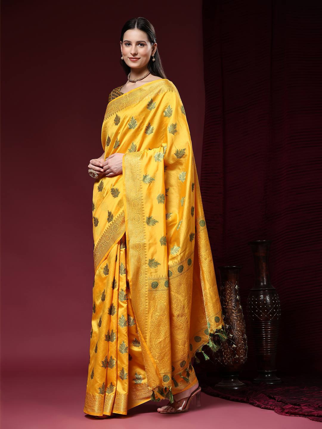 

ZILVIRA Ethnic Motifs Woven Design Zari Pure Silk Saree, Yellow