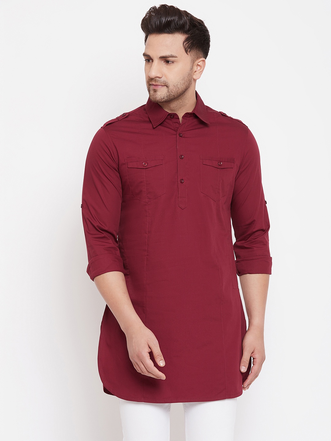 

Hypernation Shirt Collar Thread Work Pathani Cotton Kurta, Maroon