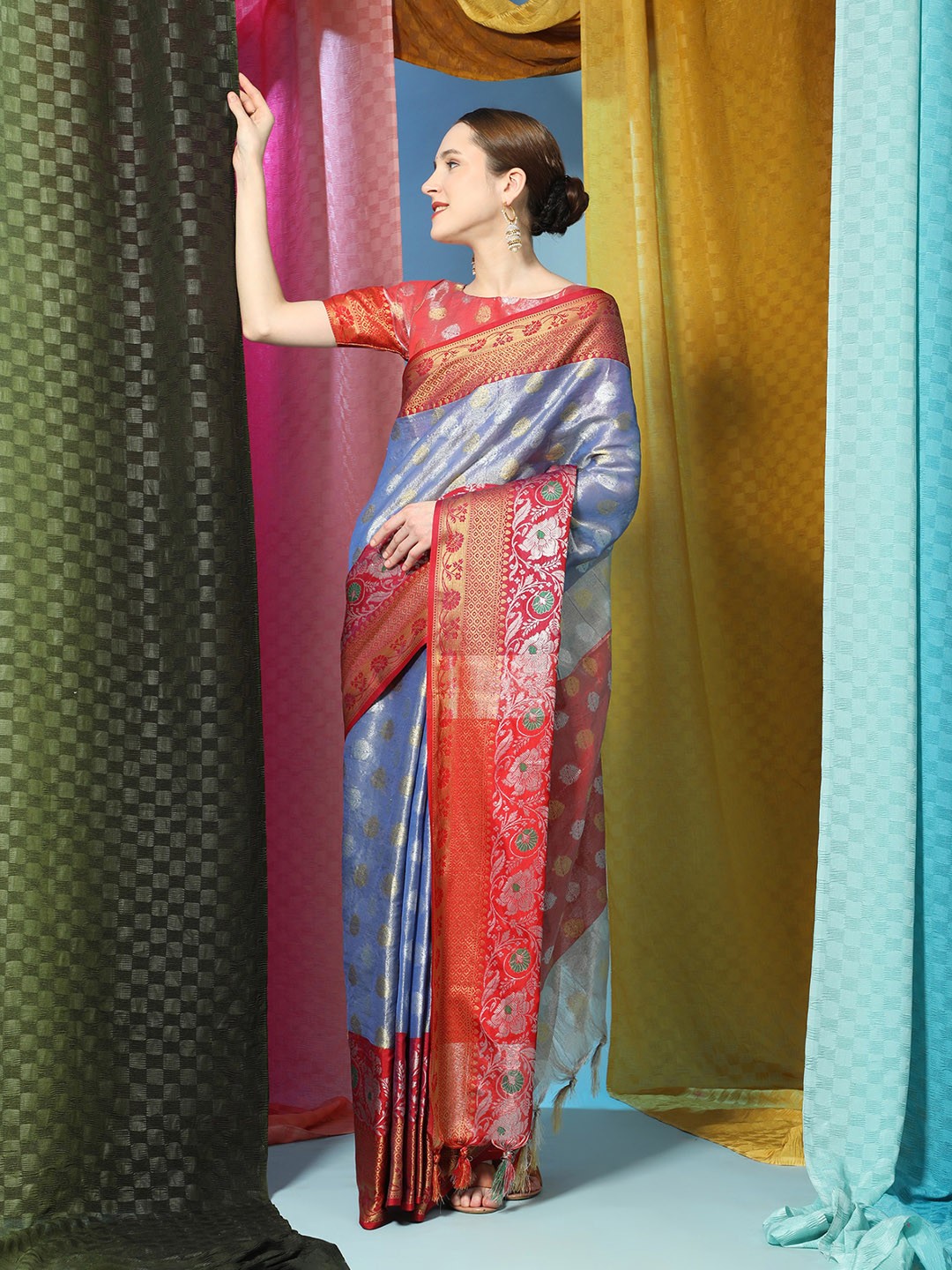 

bansari textiles Ethnic Motifs Woven Design Zari Banarasi Saree, Blue