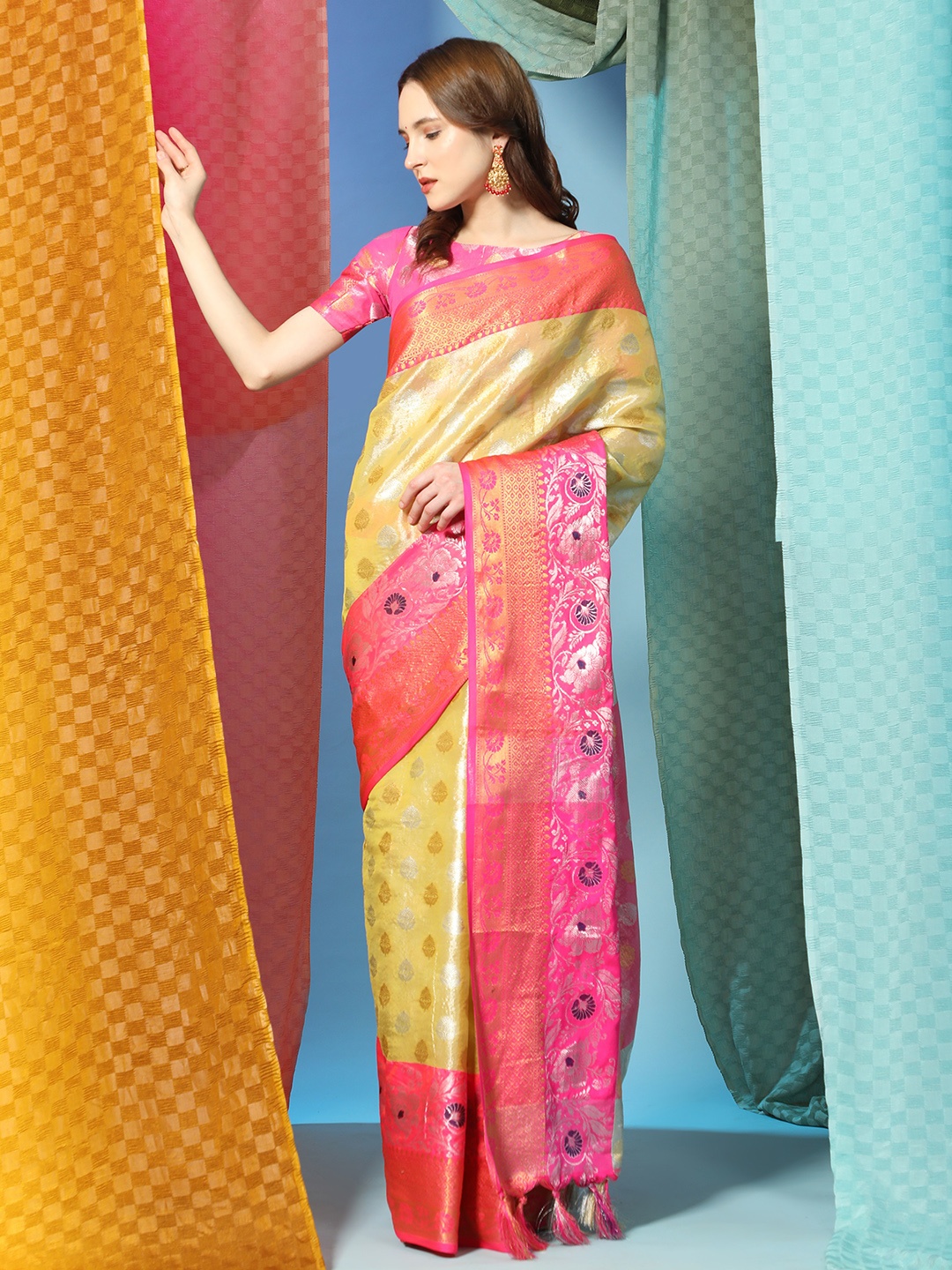 

bansari textiles Ethnic Motifs Woven Design Zari Paithani Saree, Yellow