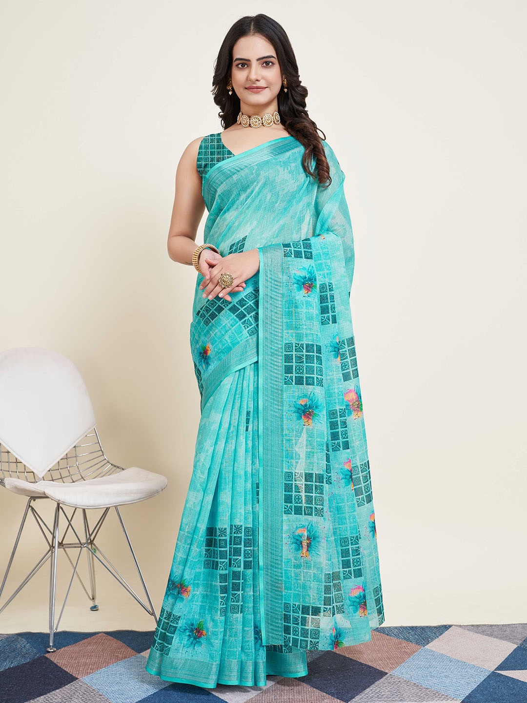 

Mitera Blue & Yellow Floral Printed Zari Cotton Saree