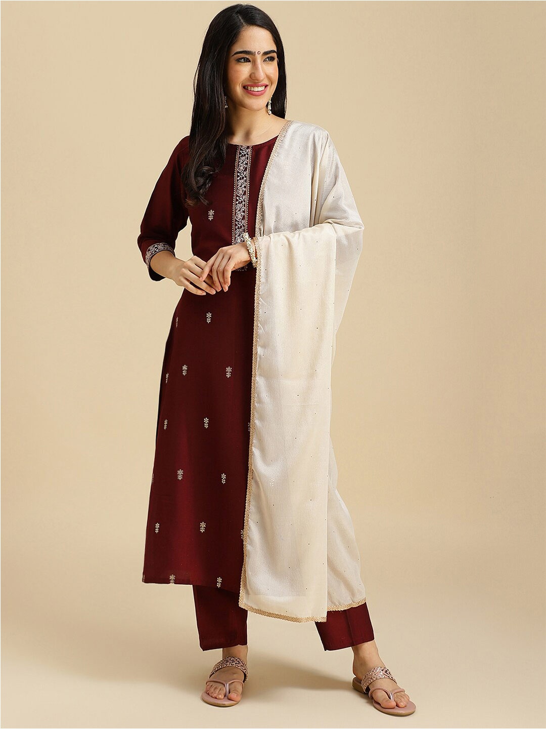 MOKOSH Ethnic Motifs Embroidered Sequined Kurta with Trousers & Dupatta, Maroon
