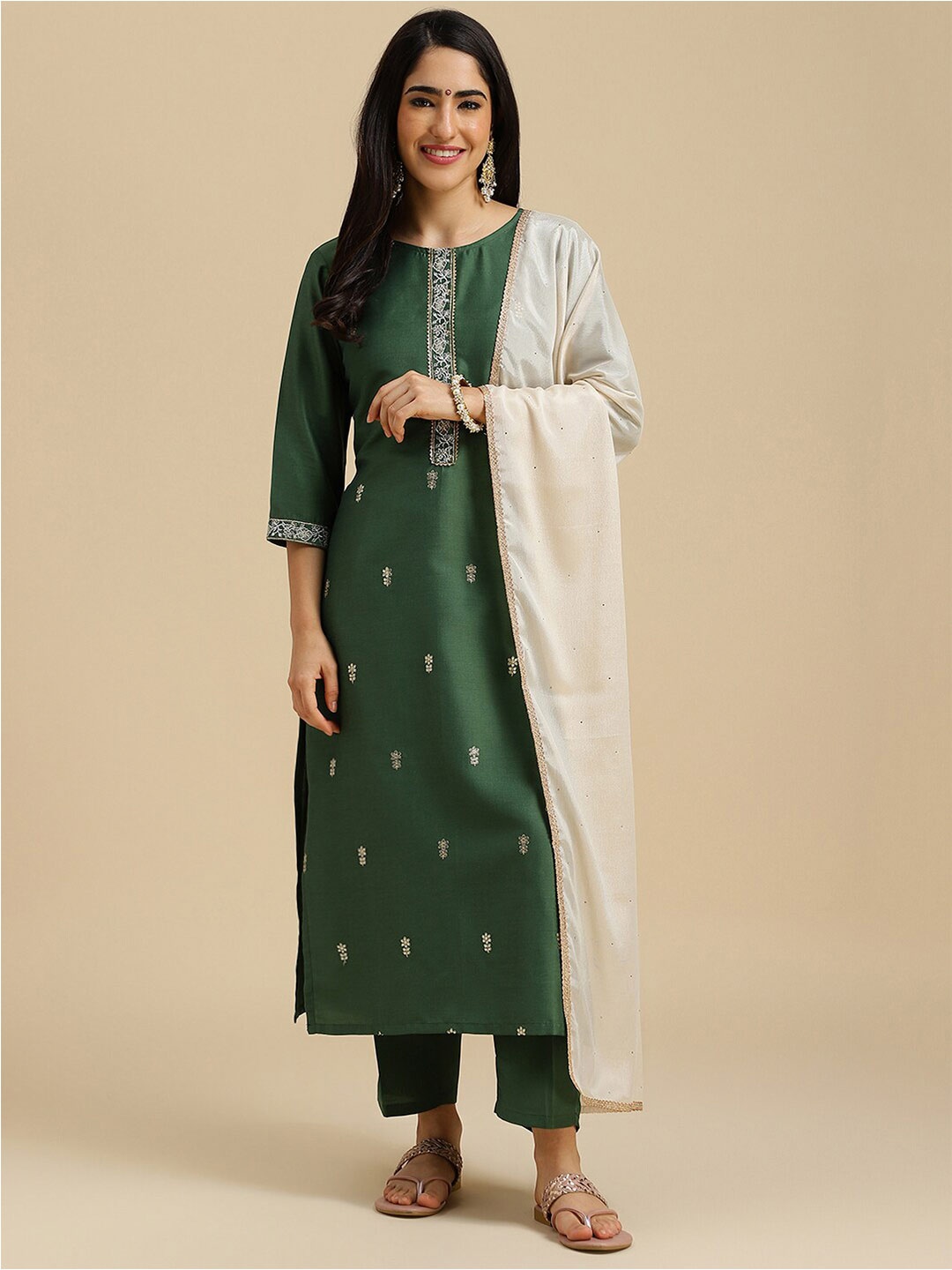 

MOKOSH Ethnic Motifs Embroidered Sequined Kurta with Trousers & Dupatta, Green
