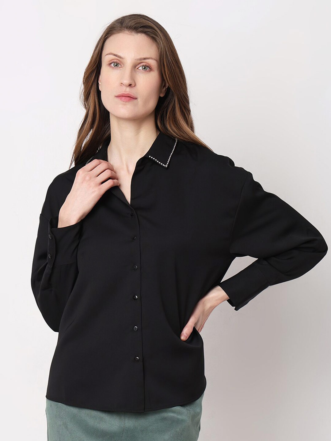

Vero Moda Slim Fit Spread Collar Embellished Casual Shirt, Black