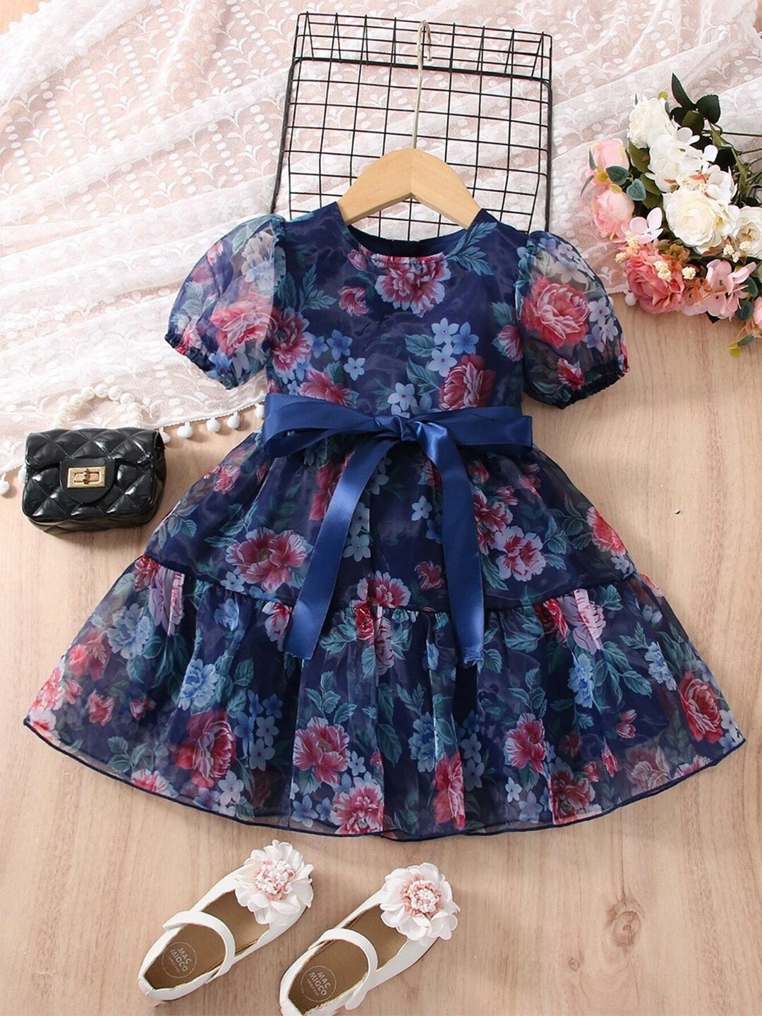

BAESD Floral Print Round neck Short Puff Sleeves Fit & Flare Tiered Dress, Blue