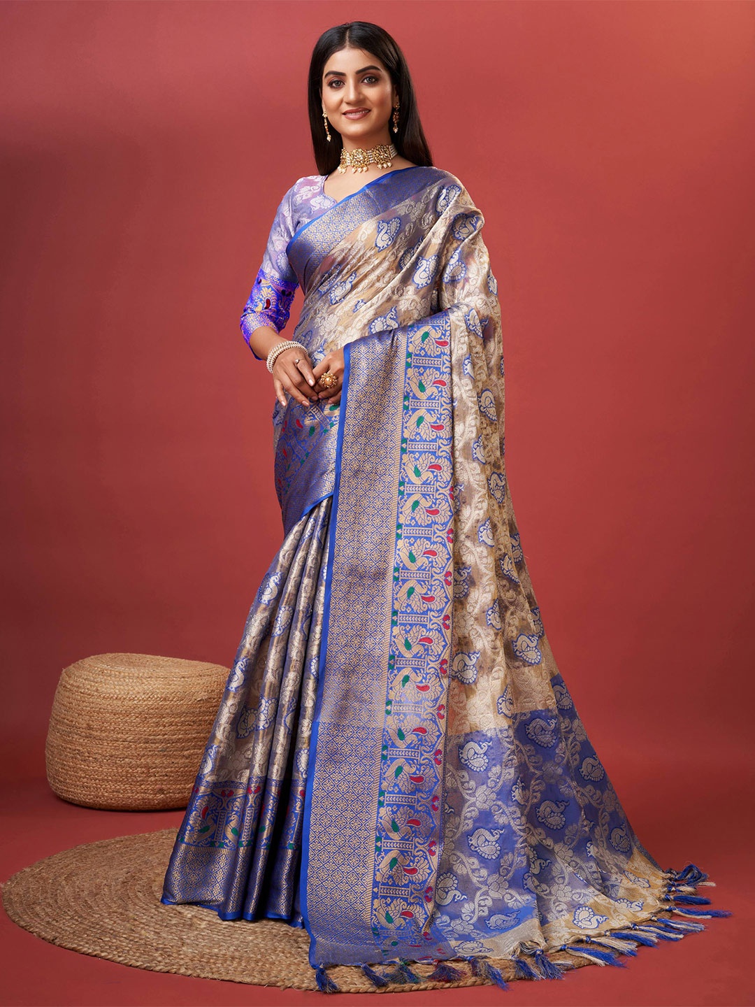 

ZILVIRA Ethnic Woven Design Zari Organza Saree, Blue