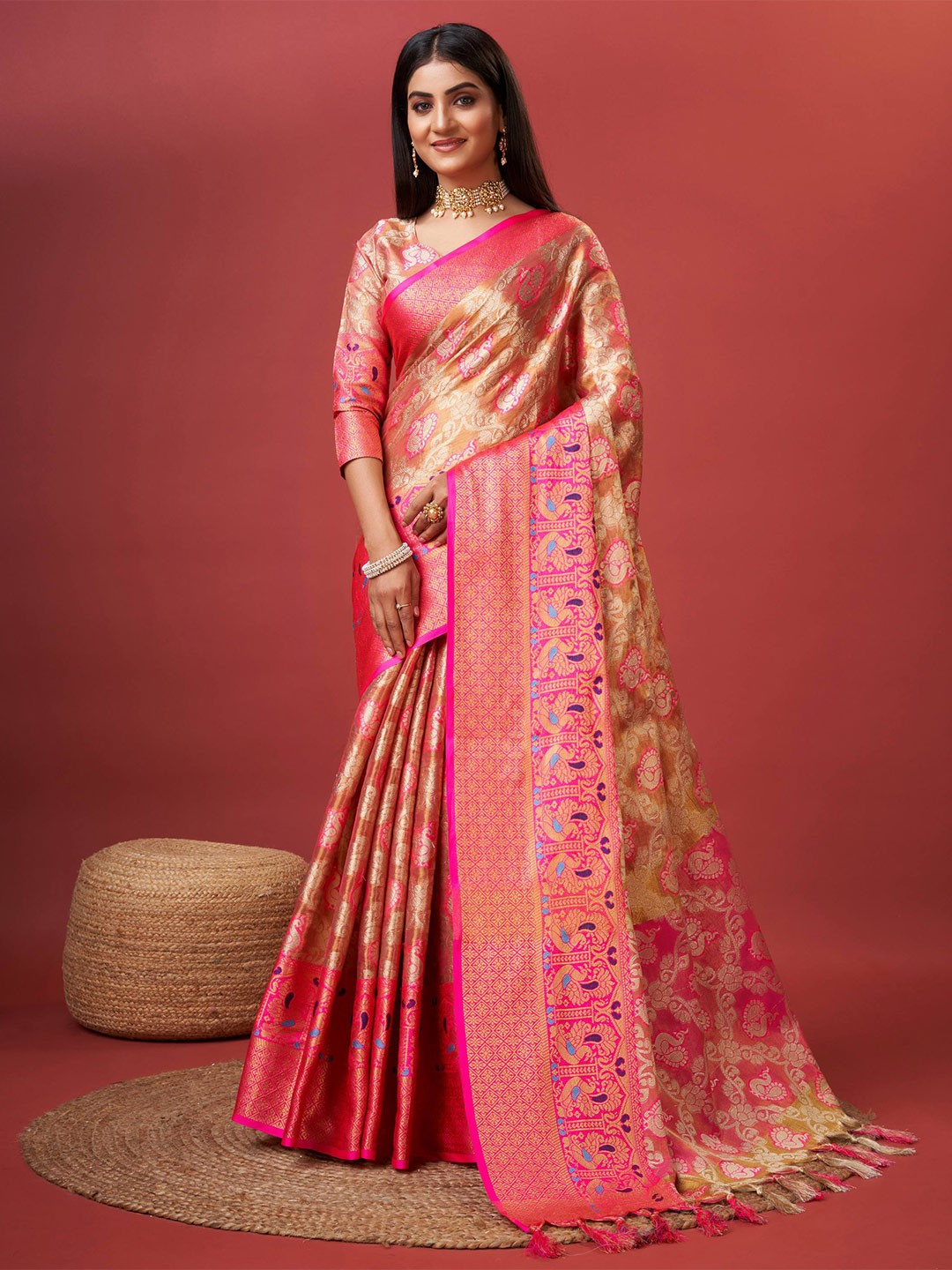 

ZILVIRA Ethnic Woven Design Zari Organza Saree, Pink