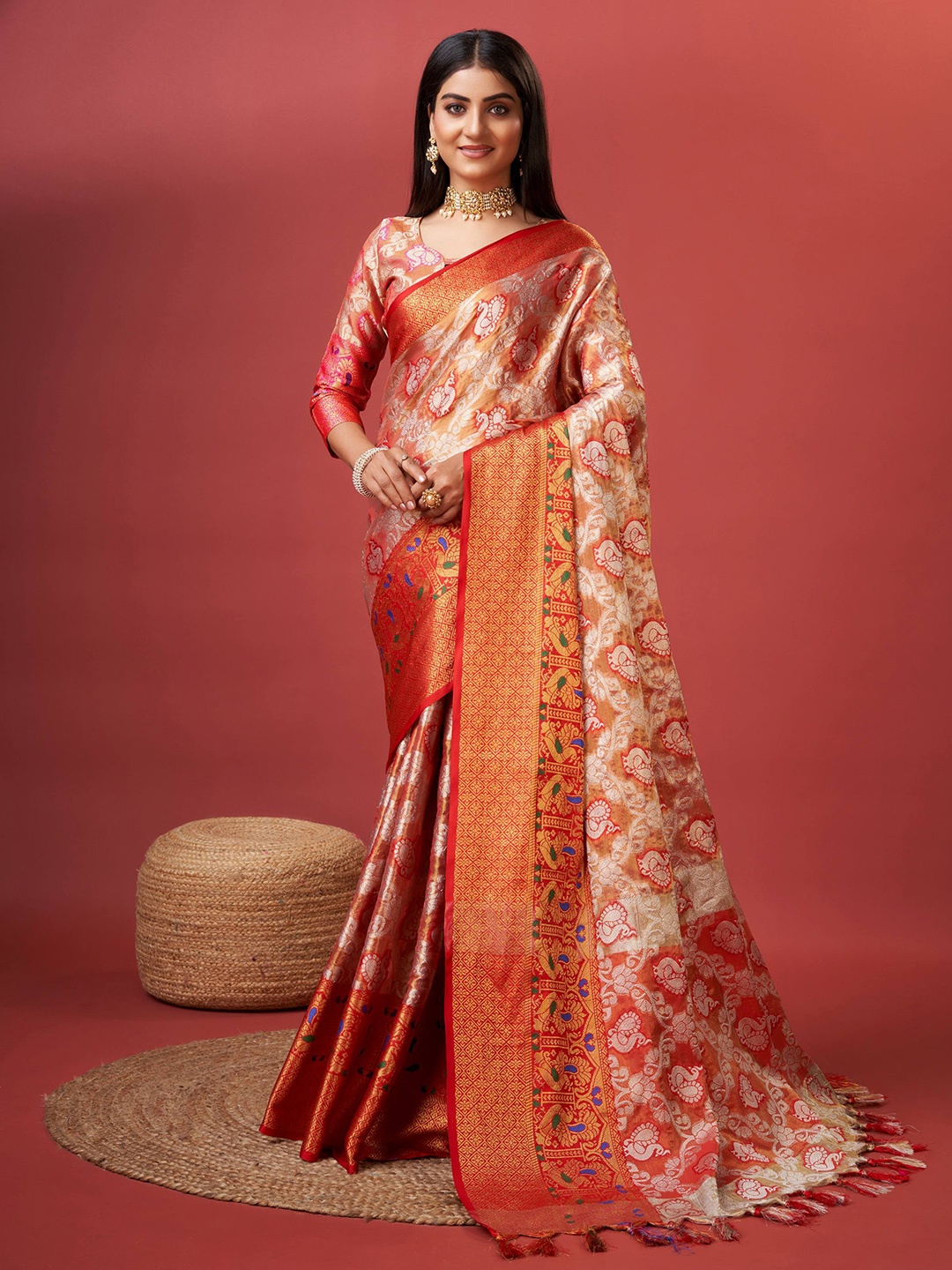 

ZILVIRA Ethnic Woven Design Zari Organza Saree, Red