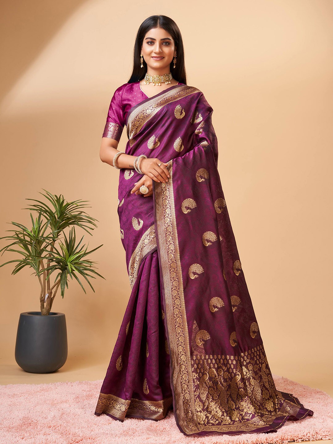 

ZILVIRA Ethnic Motifs Woven Design Zari Pure Silk Saree, Purple