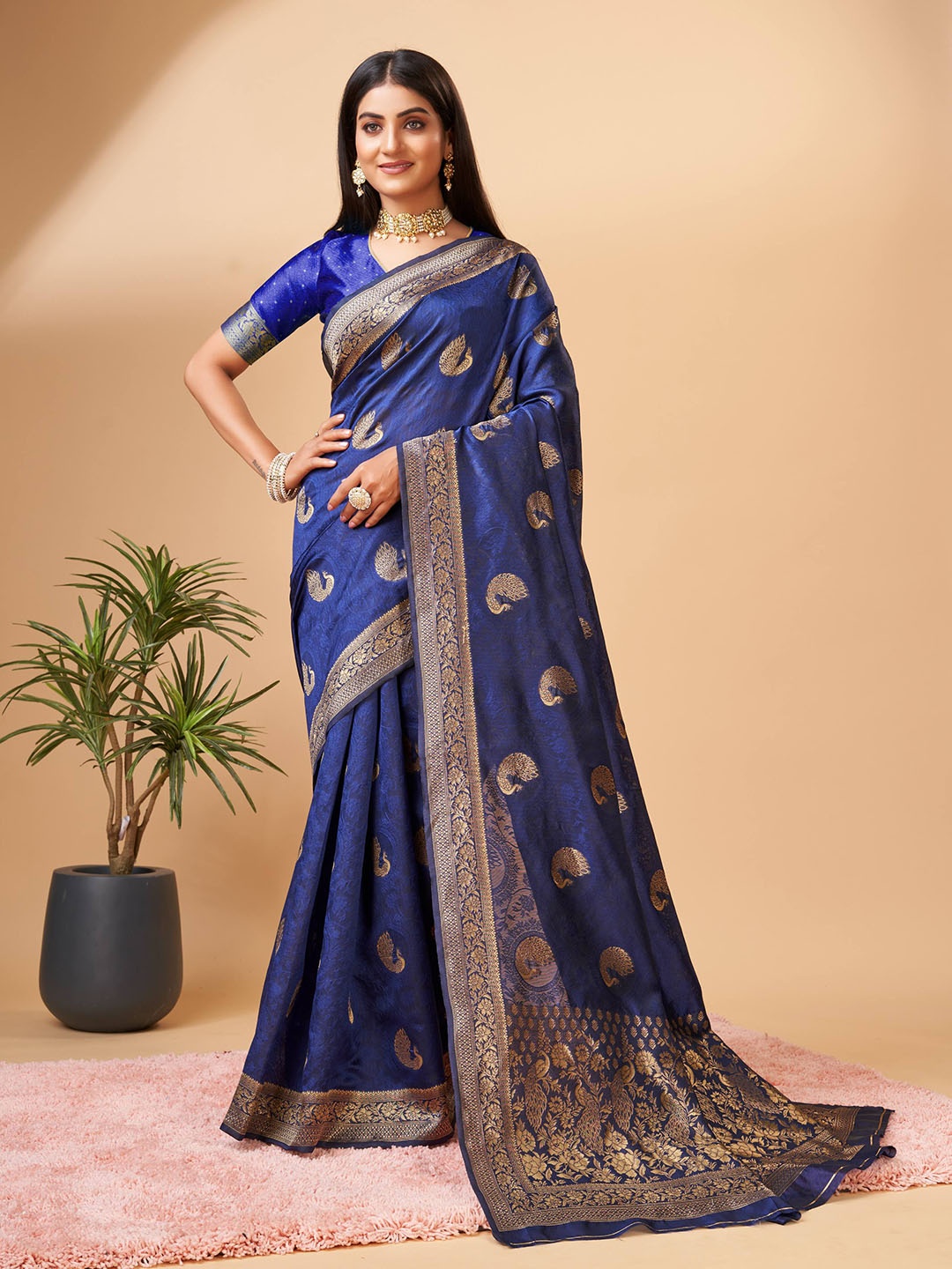 

ZILVIRA Ethnic Woven Design Zari Pure Silk Saree, Blue