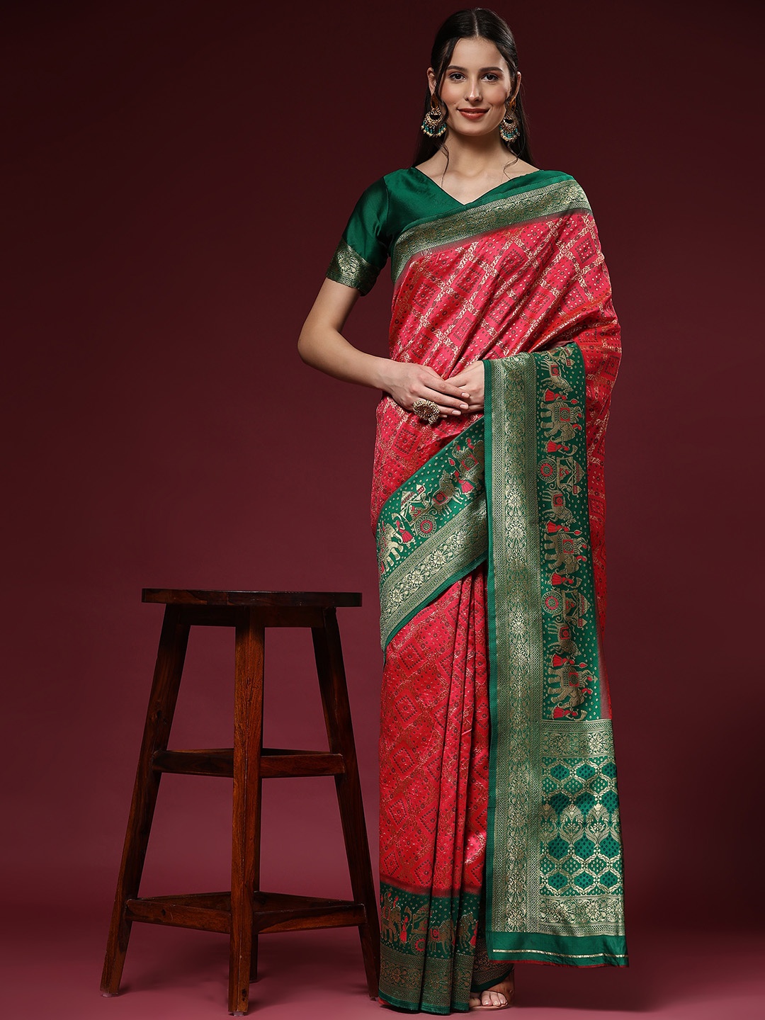 

bansari textiles Ethnic Motifs Woven Design Zari Pure Silk Kanjeevaram Saree, Red