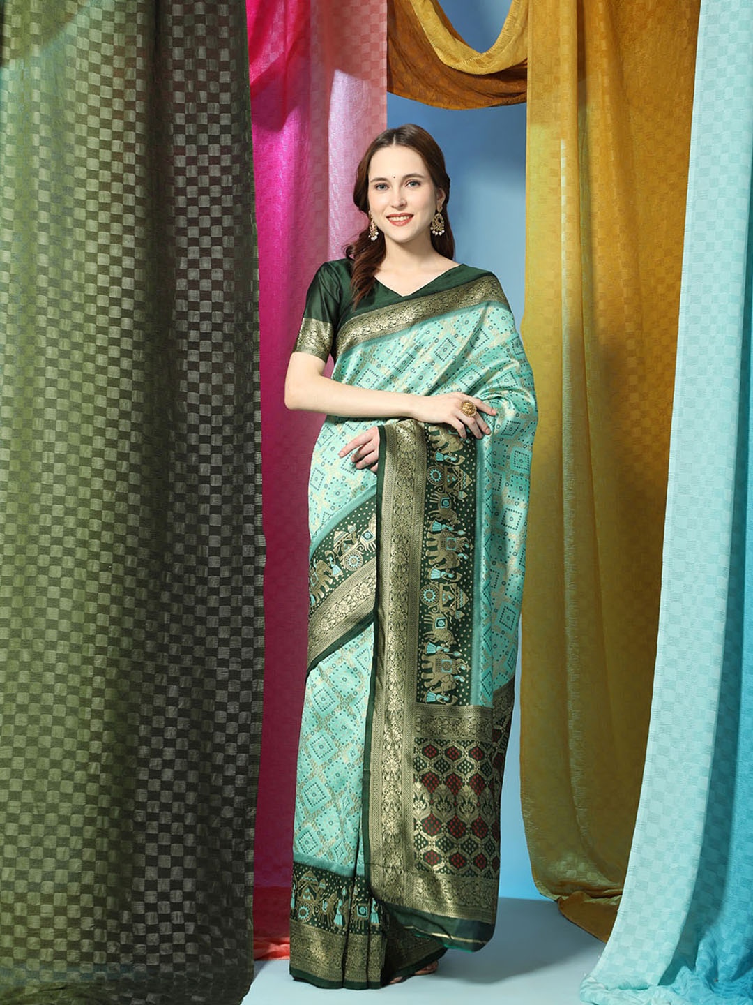 

bansari textiles Ethnic Motifs Woven Design Zari Pure Silk Kanjeevaram Saree, Turquoise blue