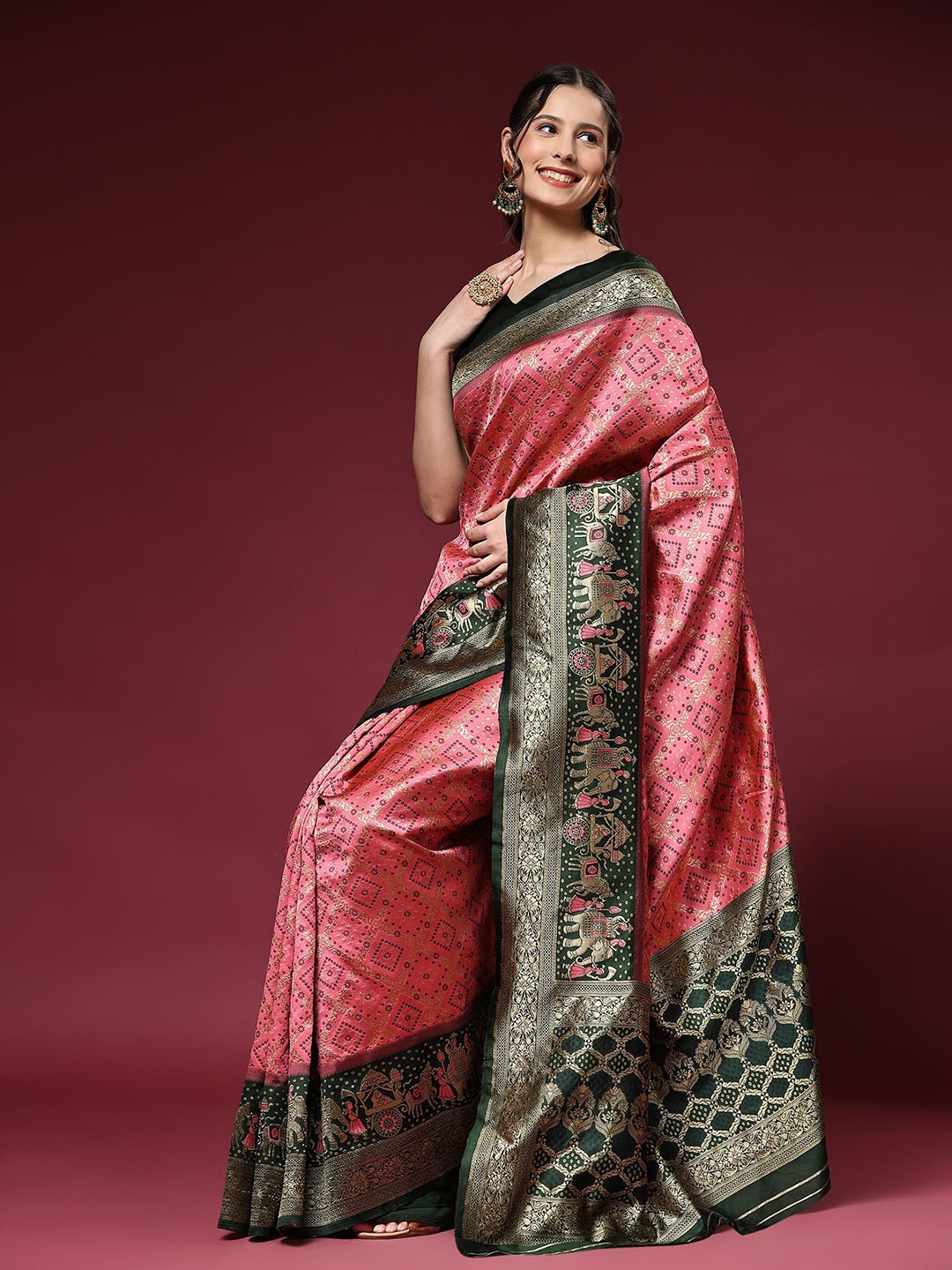 

bansari textiles Ethnic Motifs Woven Design Zari Kanjeevaram Saree, Pink