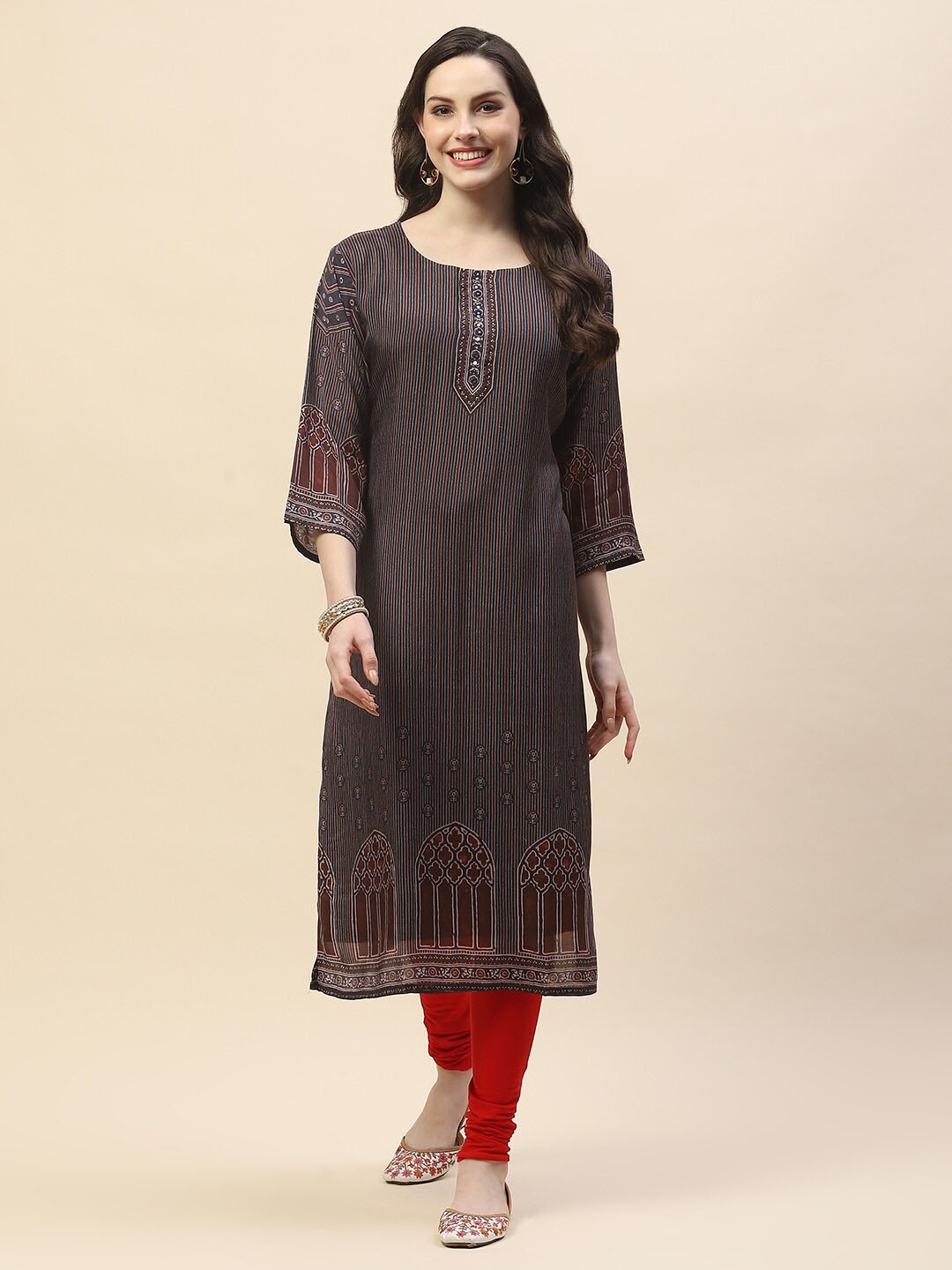 

Meena Bazaar Ethnic Motifs Embroidered Sequinned Straight Kurta, Blue