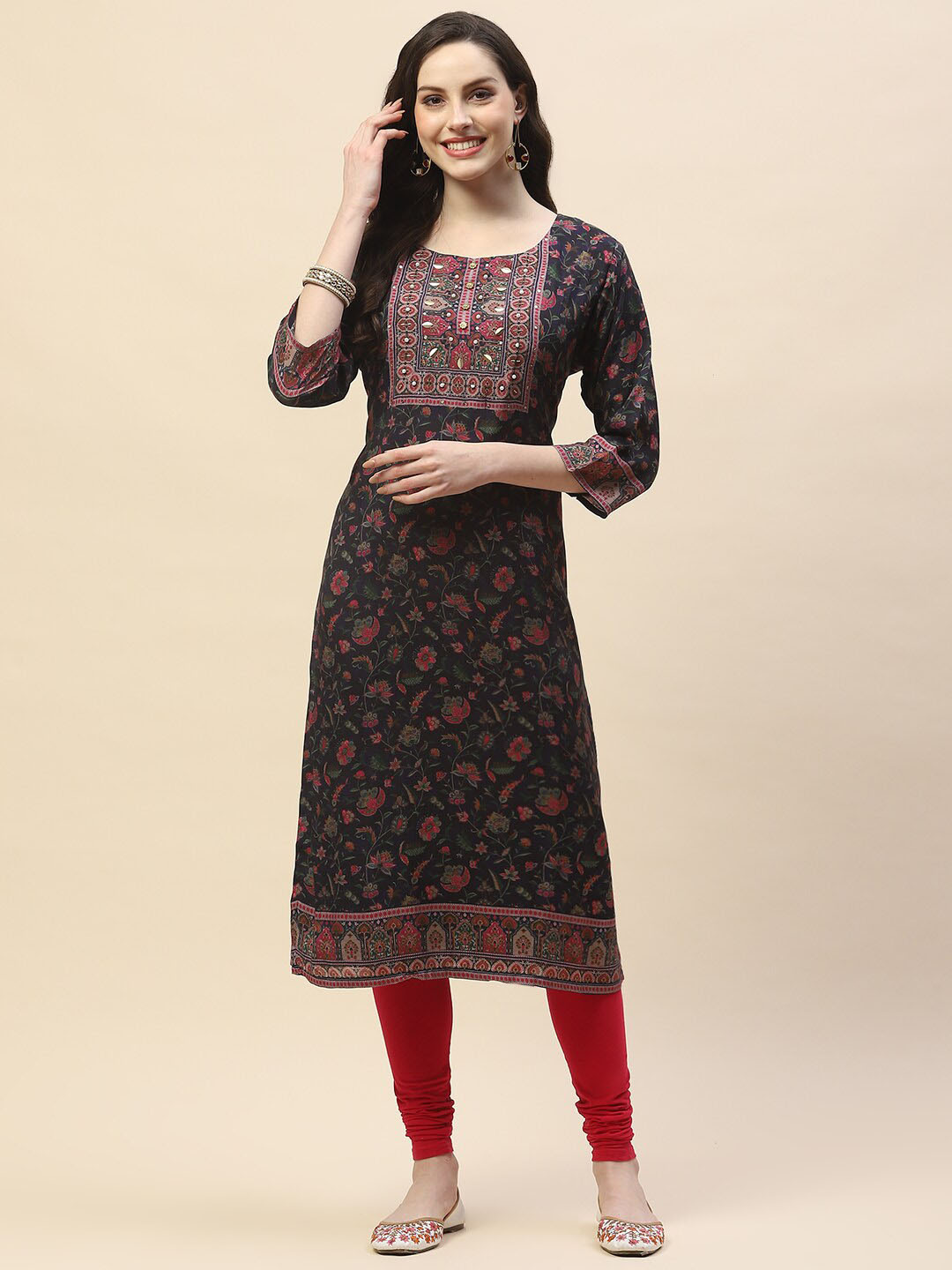 

Meena Bazaar Ethnic Motifs Printed Round Neck Straight Kurta, Navy blue