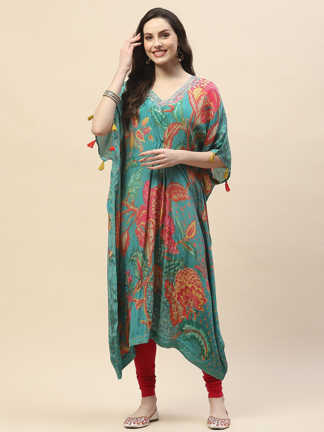 

Meena Bazaar Floral Printed Flared Sleeves Sequinned Crepe Kaftan Kurta, Sea green