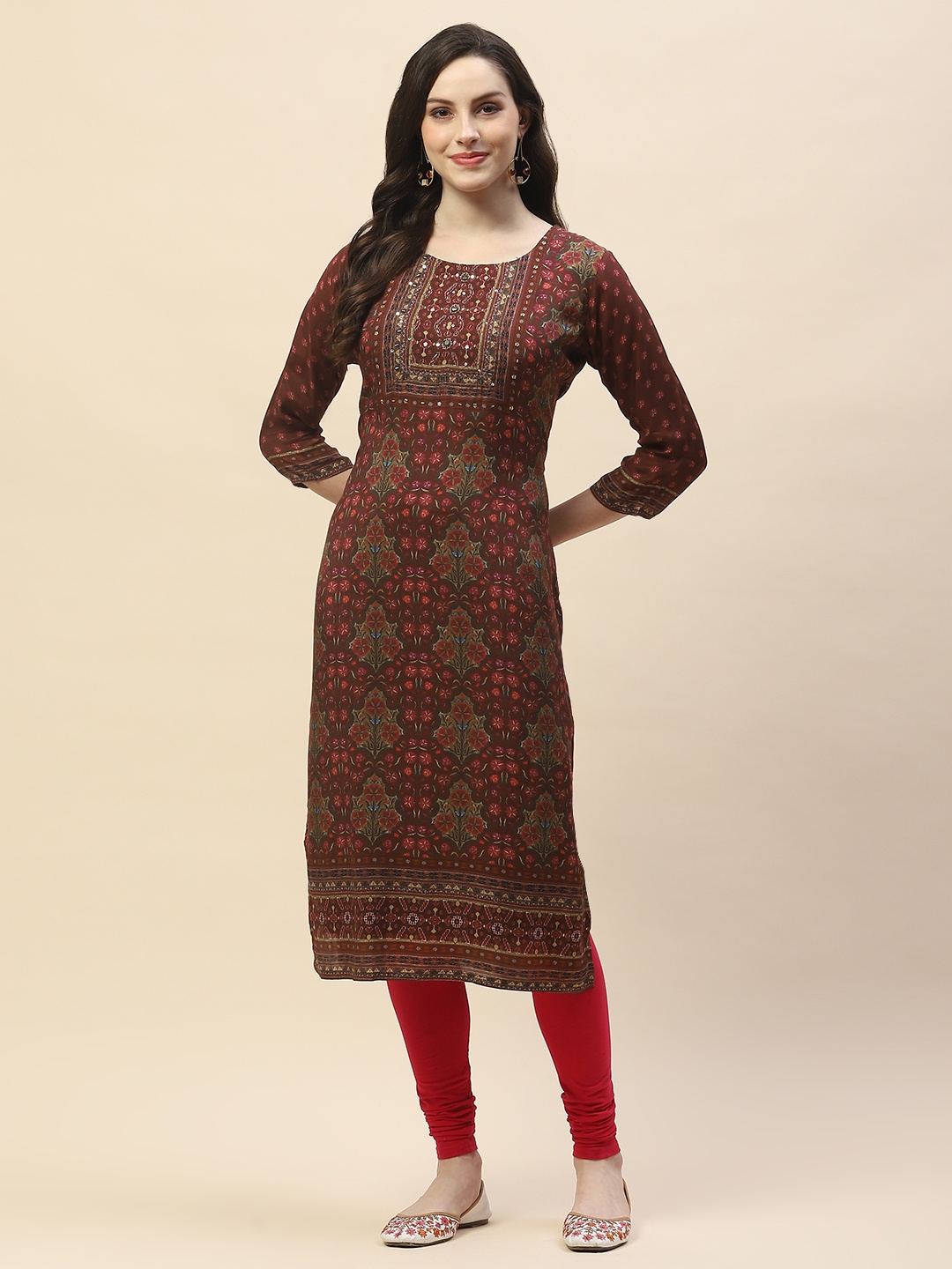 

Meena Bazaar Ethnic Motifs Printed Round Neck Three-Quarter Sleeves Straight Kurta, Burgundy