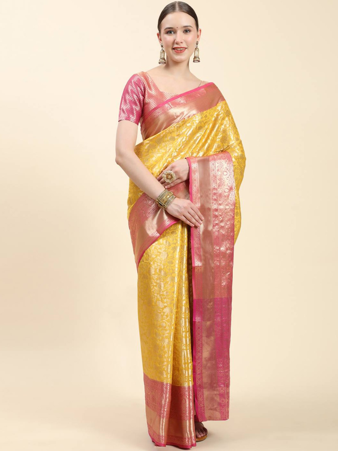 

ZILVIRA Ethnic Woven Design Zari Art Silk Saree, Yellow
